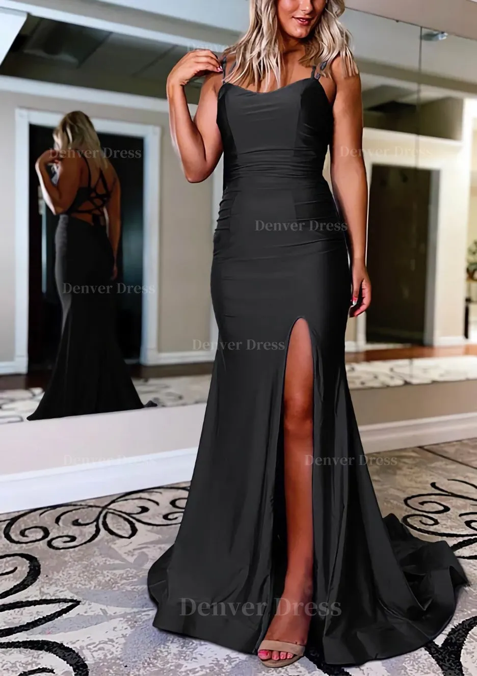 Sheath/Column Bateau Sweep Train Sleeveless Silk like Satin Prom Dress With Pleated Split