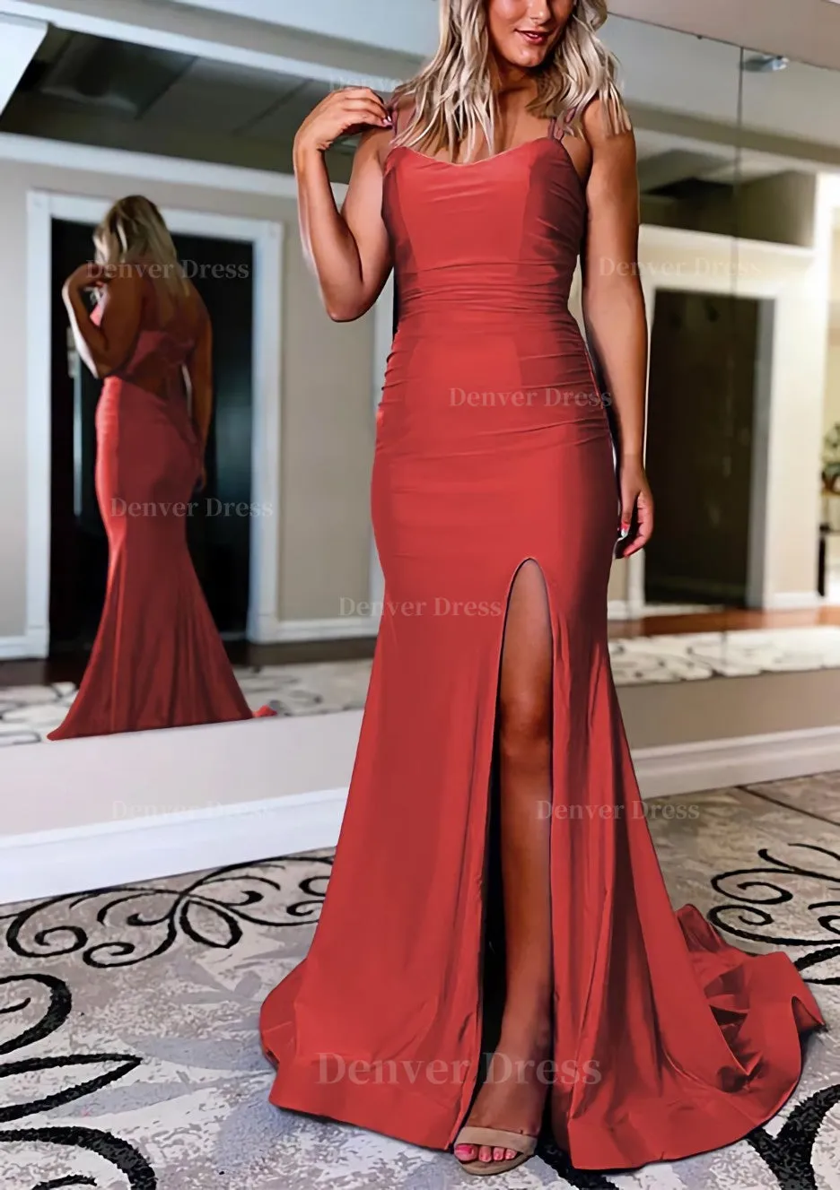 Sheath/Column Bateau Sweep Train Sleeveless Silk like Satin Prom Dress With Pleated Split