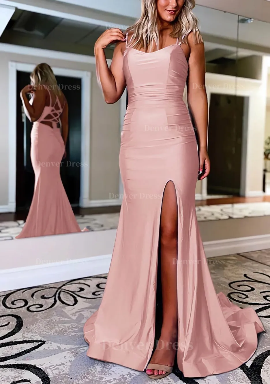 Sheath/Column Bateau Sweep Train Sleeveless Silk like Satin Prom Dress With Pleated Split