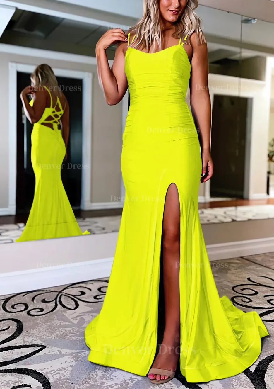 Sheath/Column Bateau Sweep Train Sleeveless Silk like Satin Prom Dress With Pleated Split