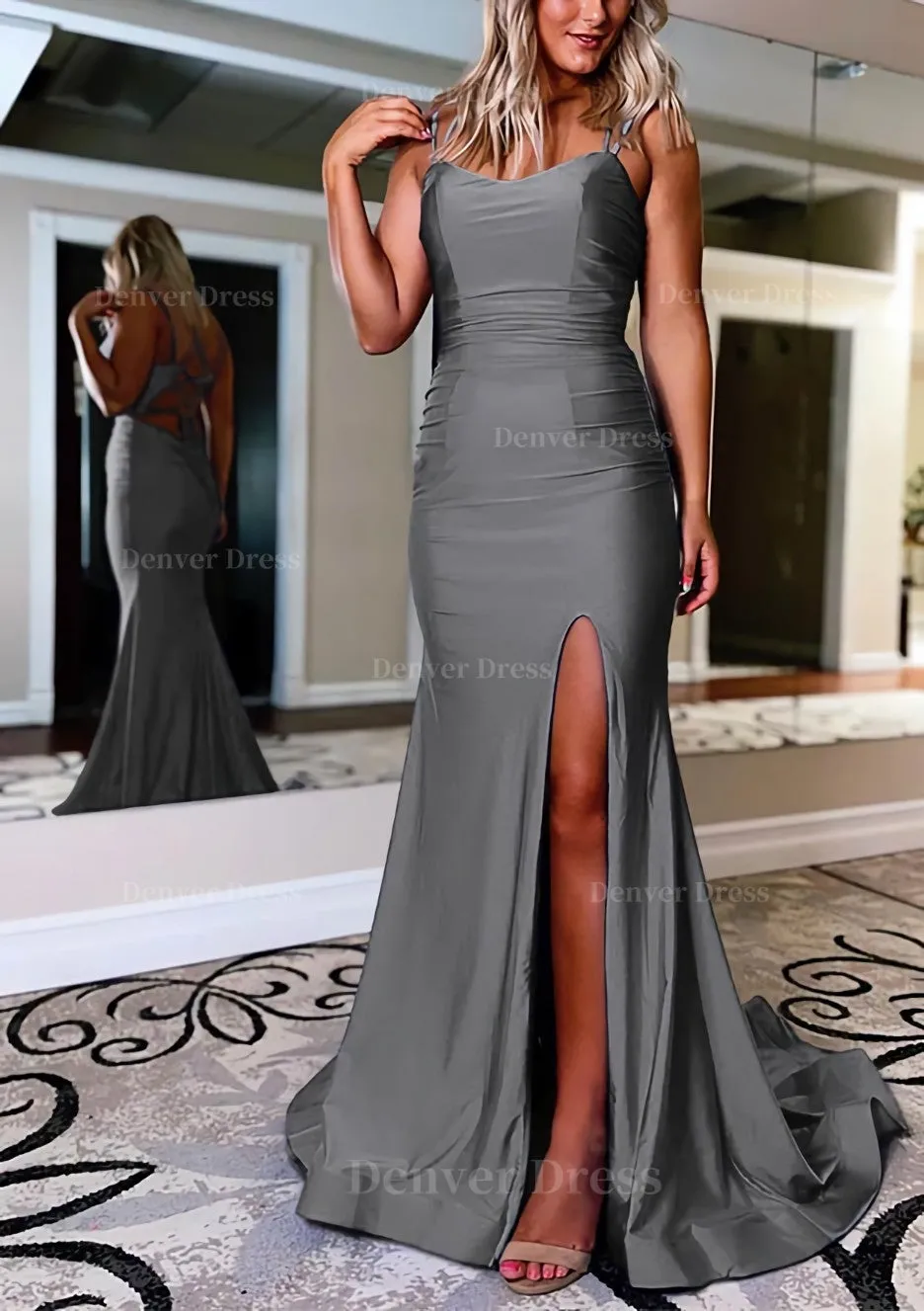 Sheath/Column Bateau Sweep Train Sleeveless Silk like Satin Prom Dress With Pleated Split