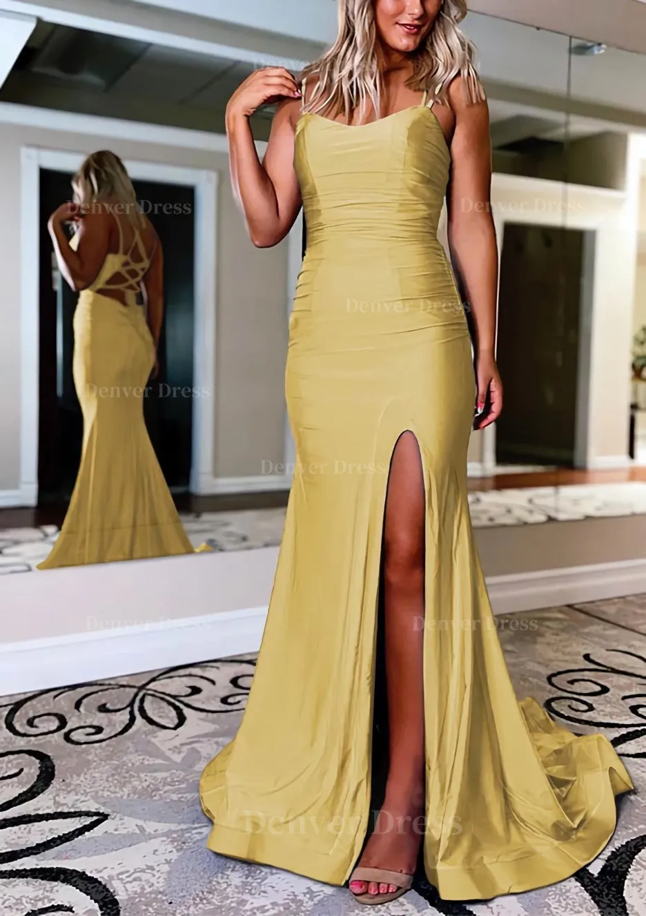 Sheath/Column Bateau Sweep Train Sleeveless Silk like Satin Prom Dress With Pleated Split