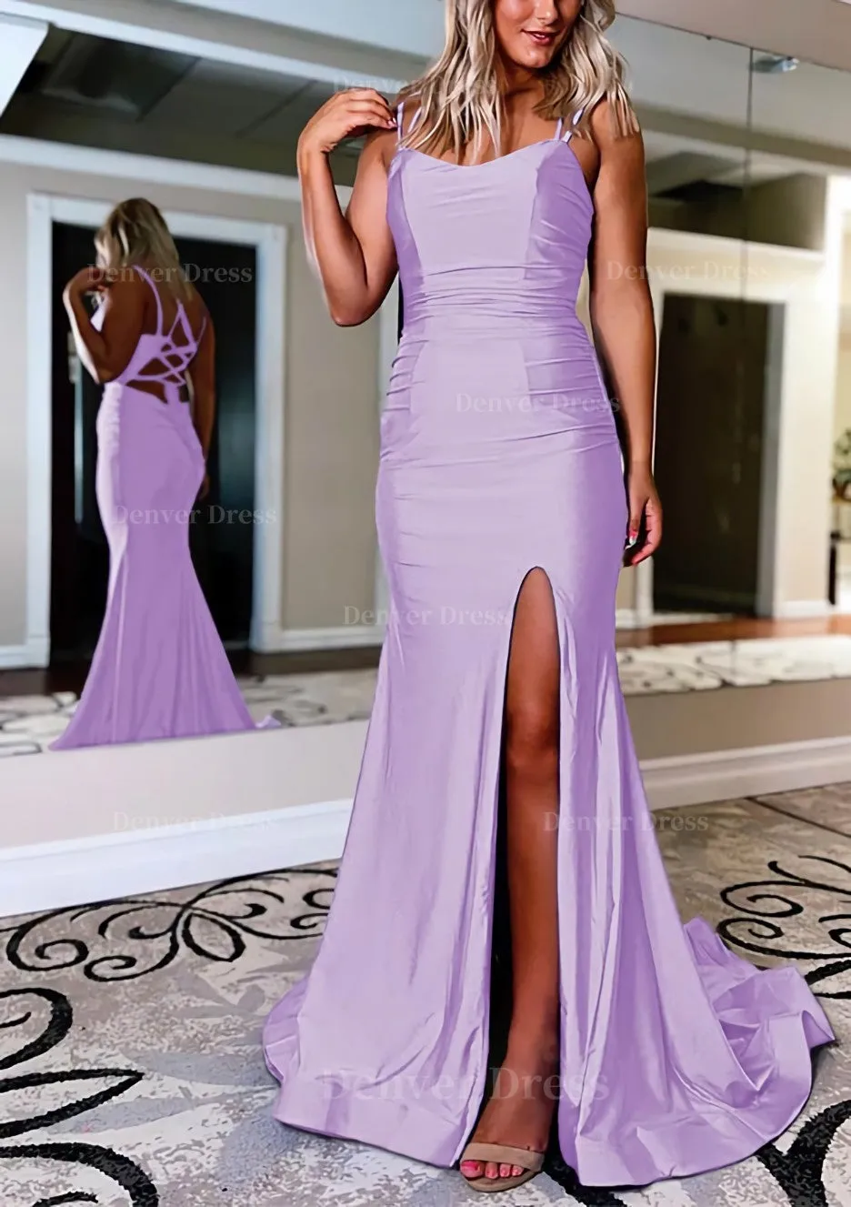 Sheath/Column Bateau Sweep Train Sleeveless Silk like Satin Prom Dress With Pleated Split