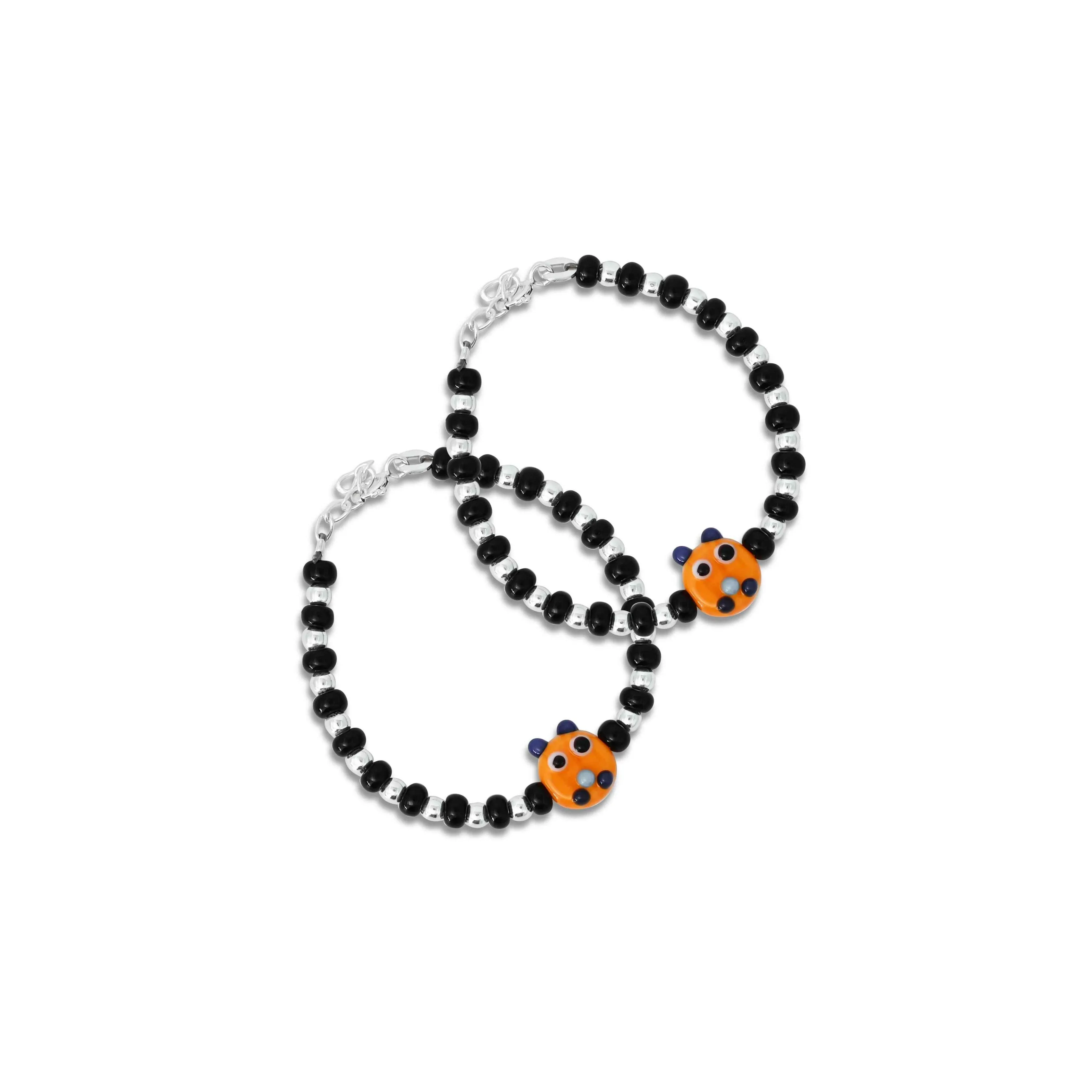 Silver Black and Silver Beads with Orange Teddy Bear Design Bracelet