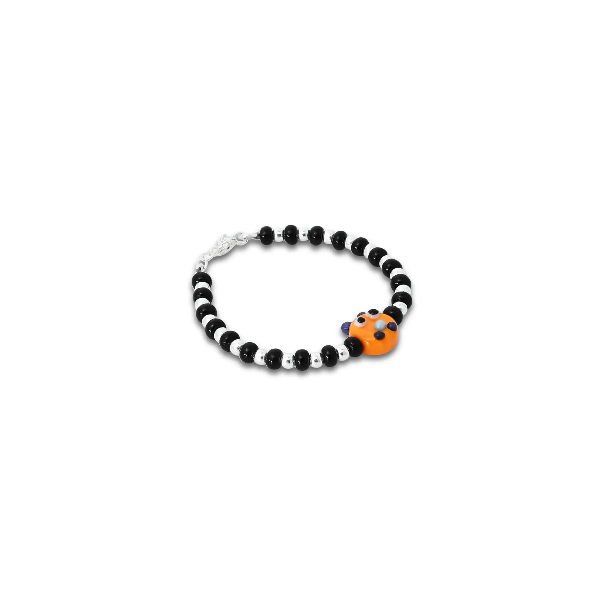 Silver Black and Silver Beads with Orange Teddy Bear Design Bracelet