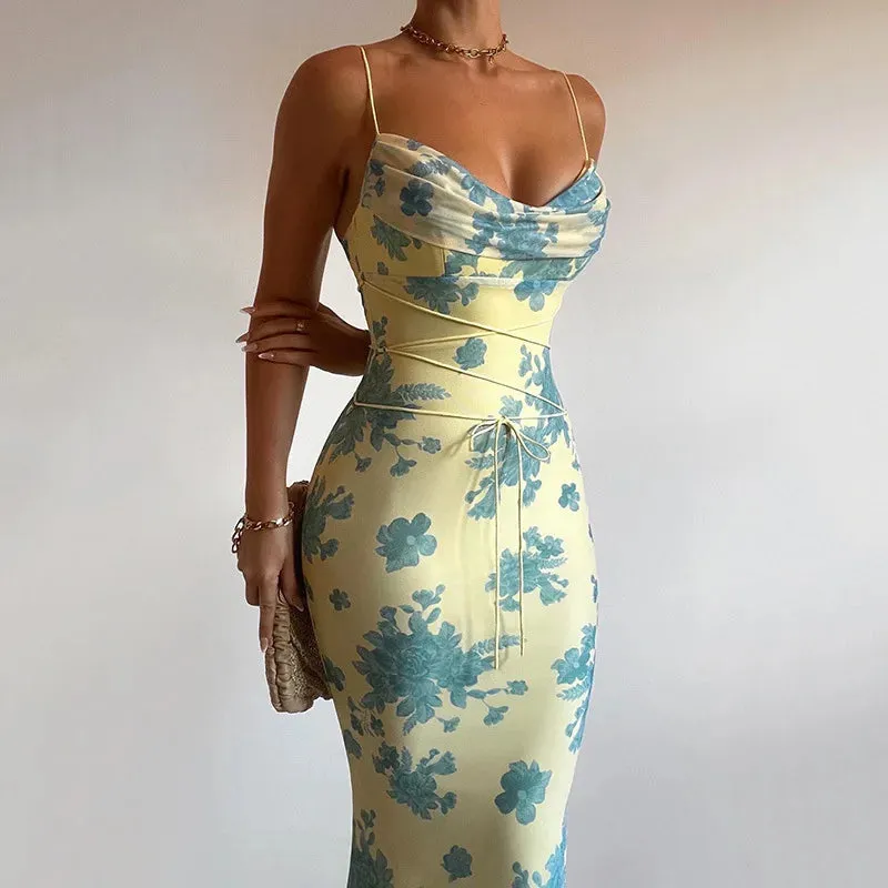 Sleeveless Party Off Shoulder Office Elegant Sexy Bandage Print Bodycon Floral Low-cut Dress