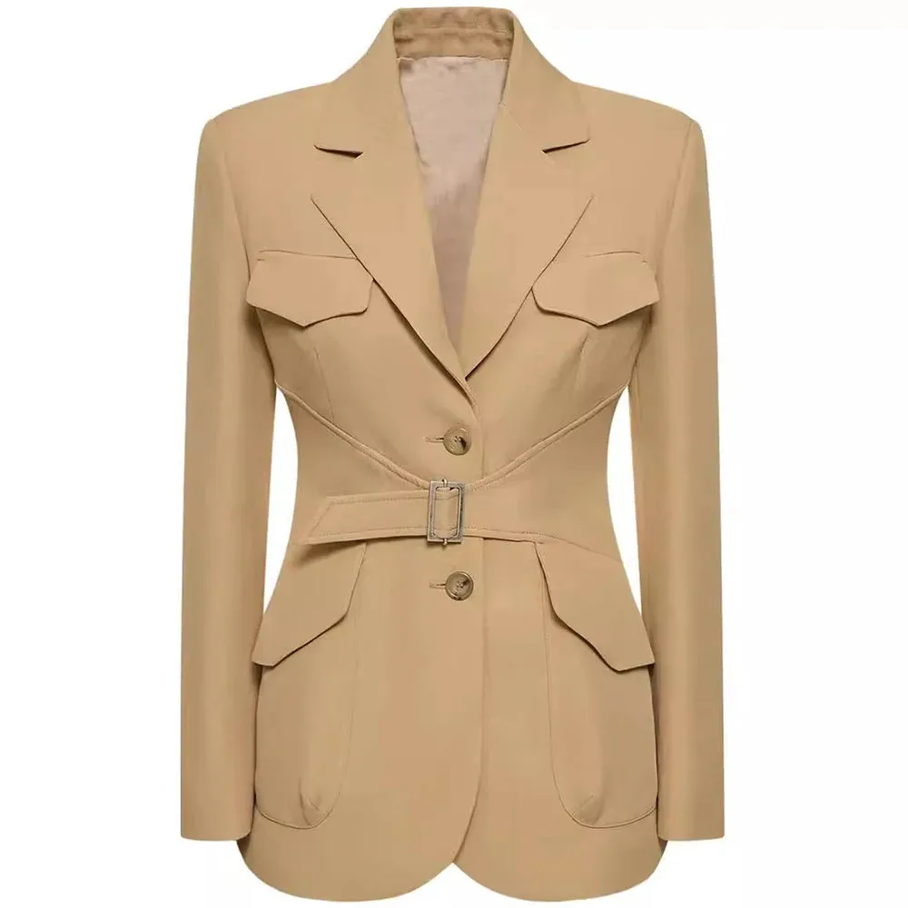 Solid Spliced Belt Minimalist Blazer For Women Notched Collar Long Sleeve Patchwork Button Tunic Blazers Female Fashion