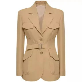 Solid Spliced Belt Minimalist Blazer For Women Notched Collar Long Sleeve Patchwork Button Tunic Blazers Female Fashion