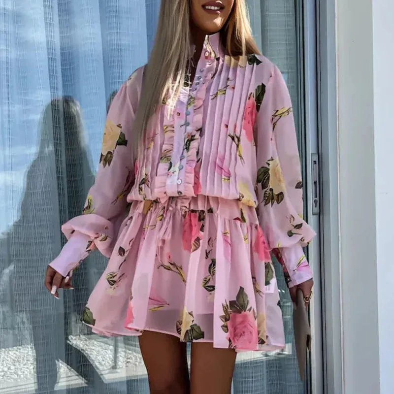 Stand Collar Pleated Holiday Women Fashion Long Sleeved Mini Spring Summer Floral Print Button A-line Floral Elegant Dress