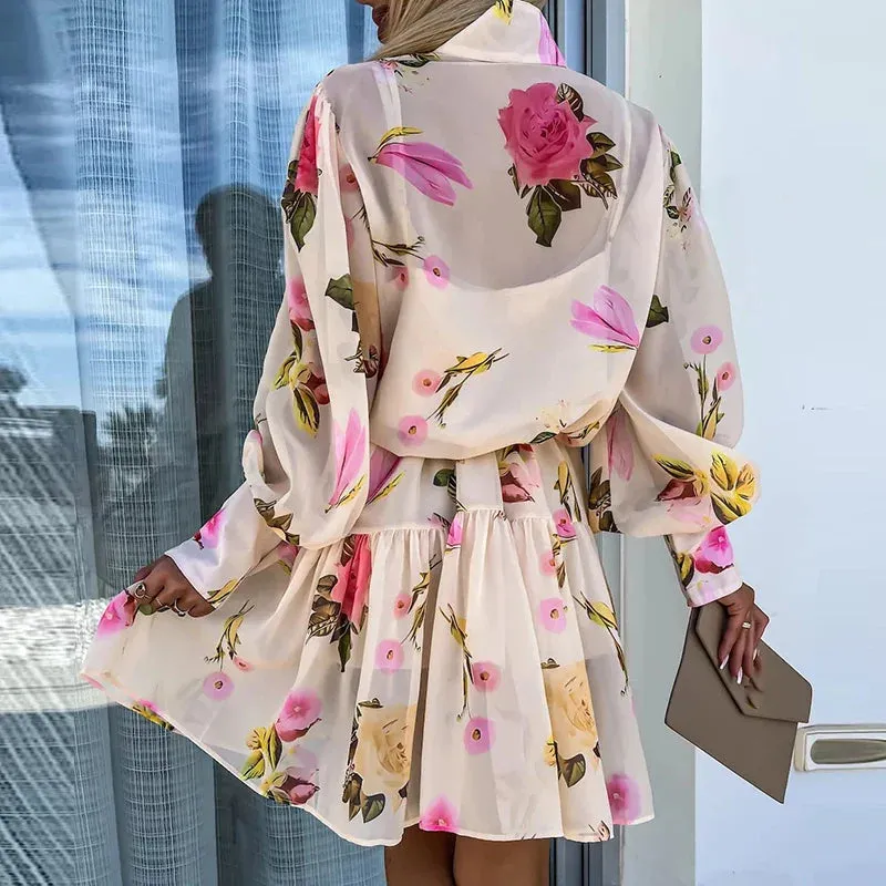 Stand Collar Pleated Holiday Women Fashion Long Sleeved Mini Spring Summer Floral Print Button A-line Floral Elegant Dress