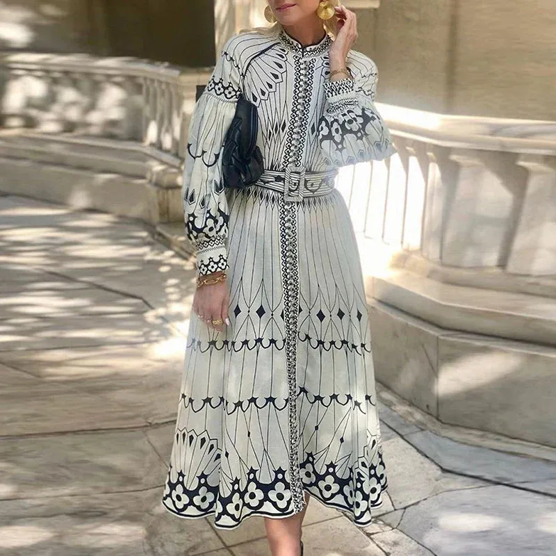 Stand Neck Single Breasted Party Elegant Lantern Sleeves Boho Spring Pattern Printed Long Summer Casual Dress