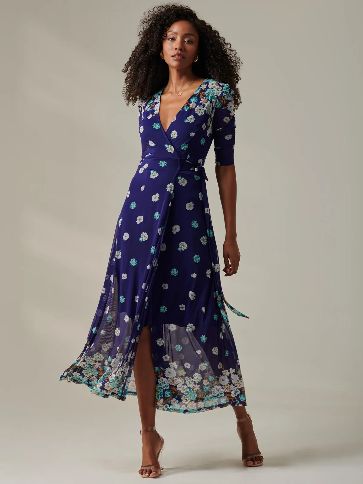 Stella Floral Print Wrap Mesh Maxi Dress, Navy Floral