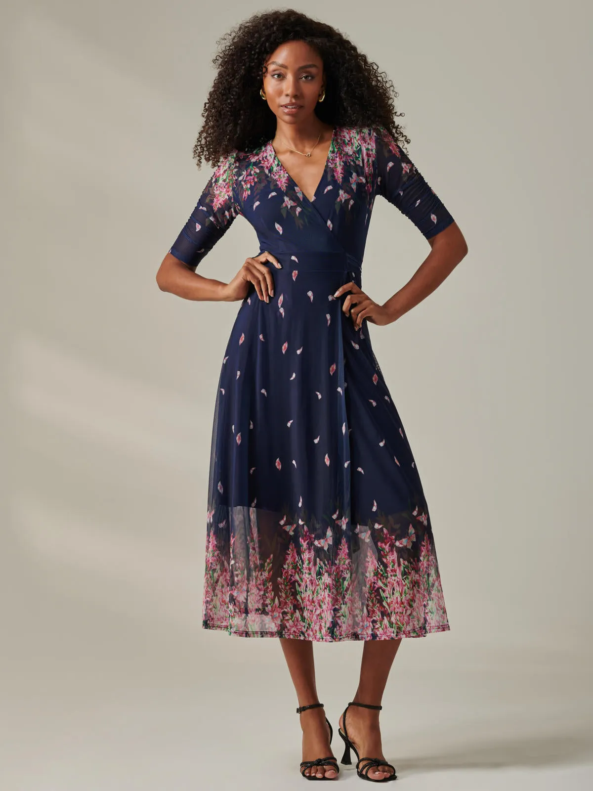 Stella Floral Print Wrap Mesh Maxi Dress, Navy Pink Multi