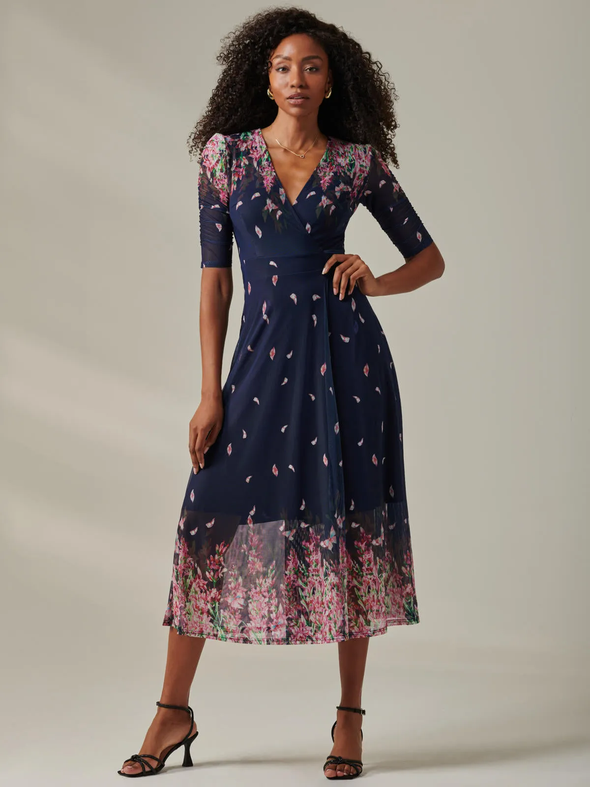 Stella Floral Print Wrap Mesh Maxi Dress, Navy Pink Multi