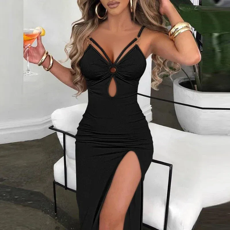 Strap New Sexy V-neck Hollow Slim Club Party Office Solid Split Wrap Hip Summer Casual Spaghetti Dress