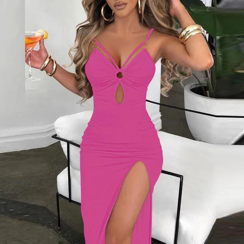 Strap New Sexy V-neck Hollow Slim Club Party Office Solid Split Wrap Hip Summer Casual Spaghetti Dress