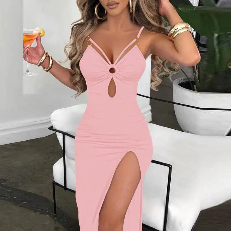 Strap New Sexy V-neck Hollow Slim Club Party Office Solid Split Wrap Hip Summer Casual Spaghetti Dress