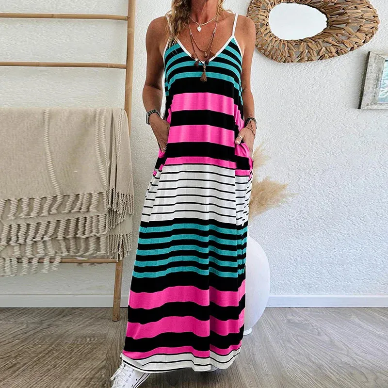 Stripe Pocket Long Sexy V-neck Loose Spaghetti Strap Fashion Sleeveless Low Cut Party Colorful Dress