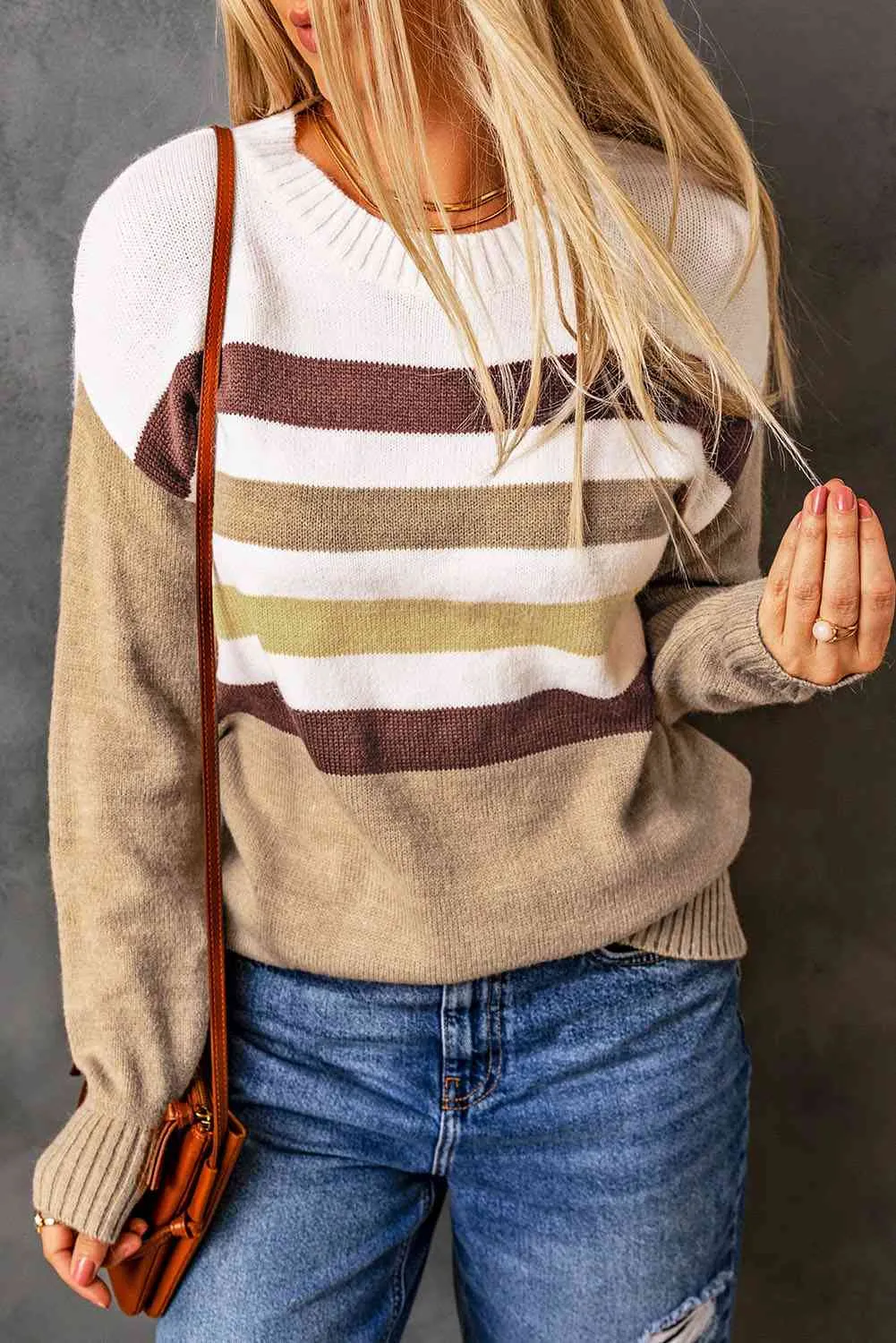 Striped Ribbed Trim Drop Shoulder Sweater