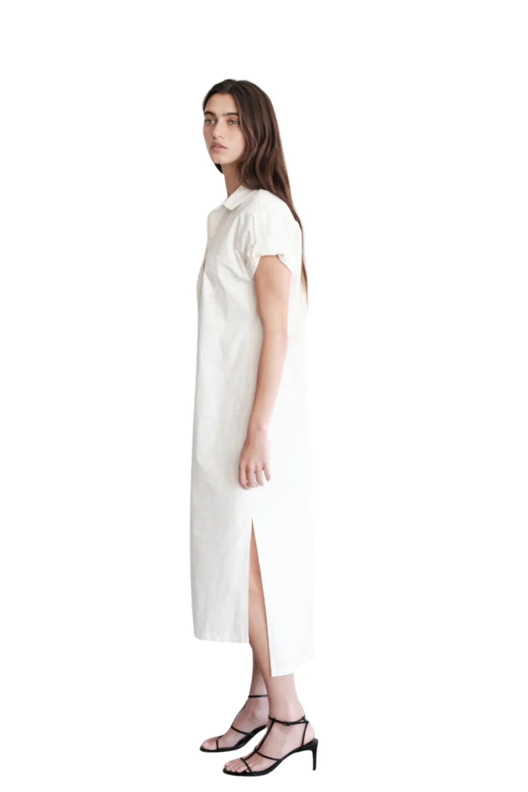 Structured Poplin Rolled Sleeve Midi Shirt Dress, Cream