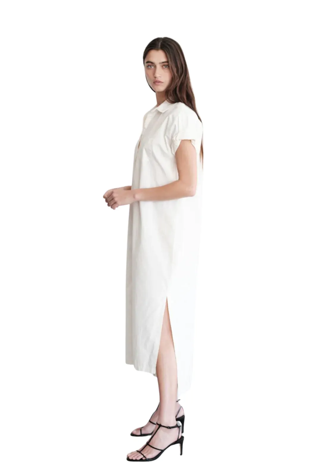 Structured Poplin Rolled Sleeve Midi Shirt Dress, Cream