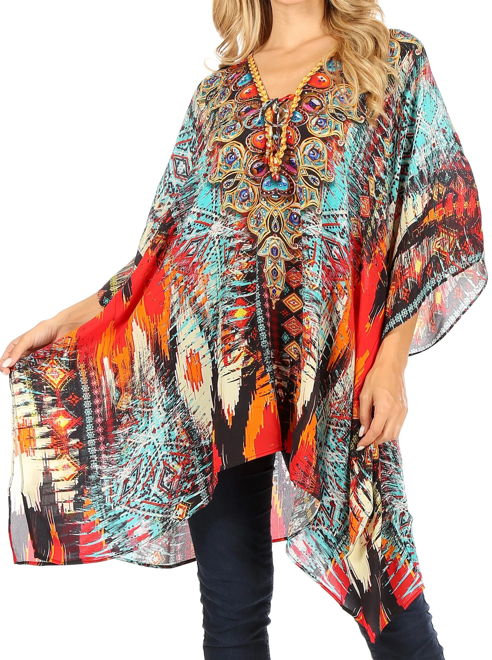 Stylish Rhinestone Lace-Up V-Neck Women's Caftan Poncho Cover-Up by Sakkas Aymee