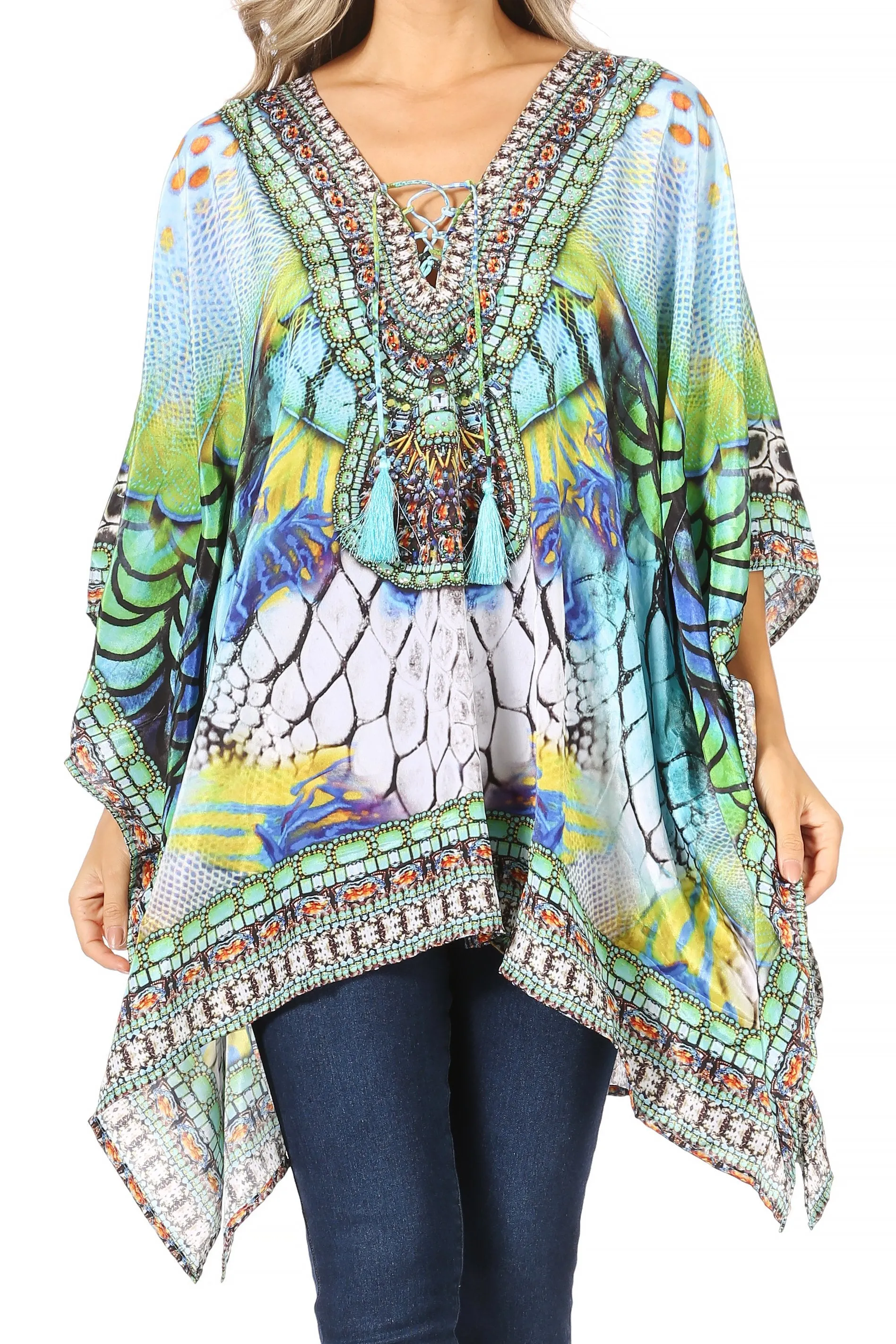 Stylish Rhinestone Lace-Up V-Neck Women's Caftan Poncho Cover-Up by Sakkas Aymee