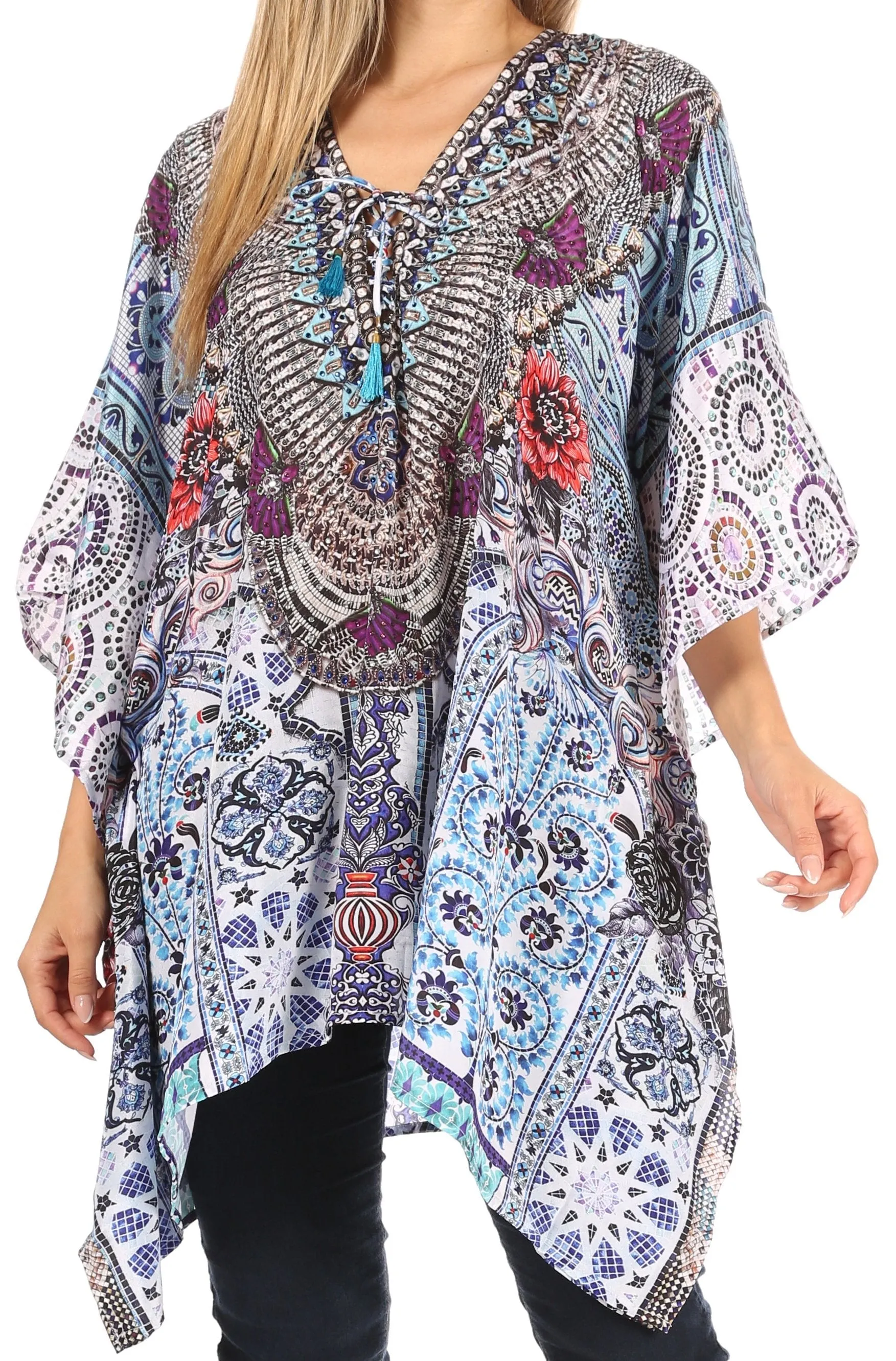 Stylish Rhinestone Lace-Up V-Neck Women's Caftan Poncho Cover-Up by Sakkas Aymee