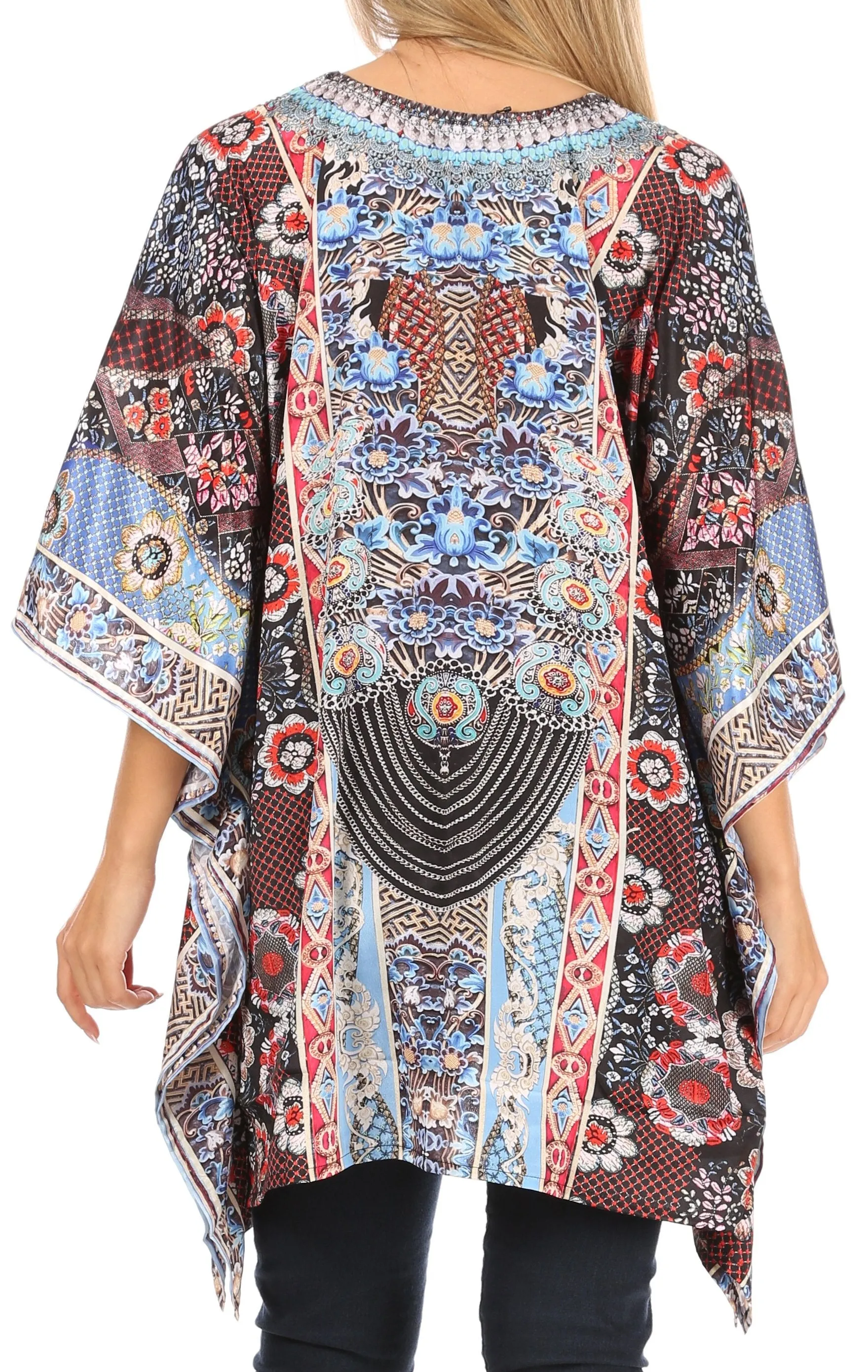 Stylish Rhinestone Lace-Up V-Neck Women's Caftan Poncho Cover-Up by Sakkas Aymee