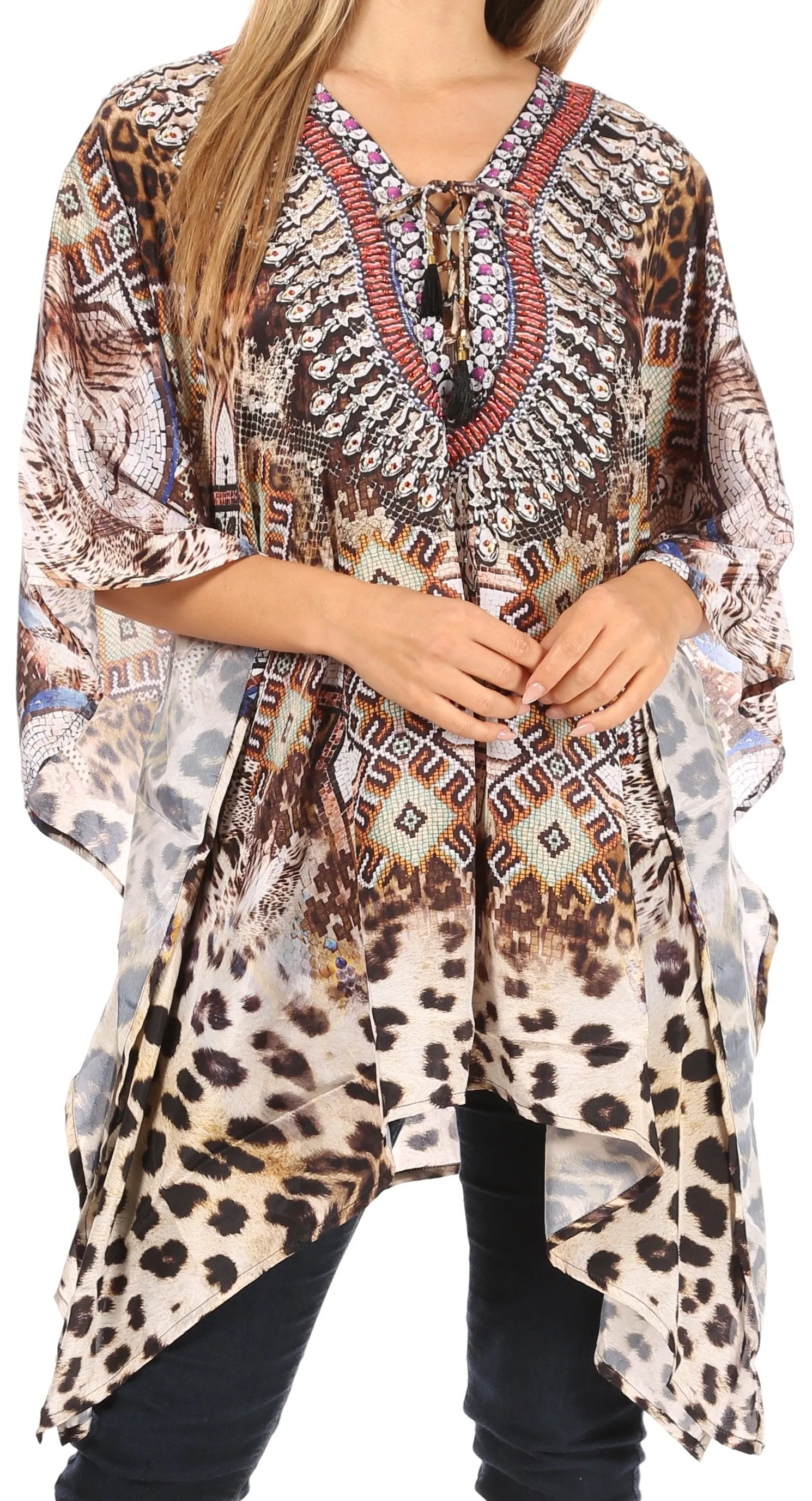 Stylish Rhinestone Lace-Up V-Neck Women's Caftan Poncho Cover-Up by Sakkas Aymee