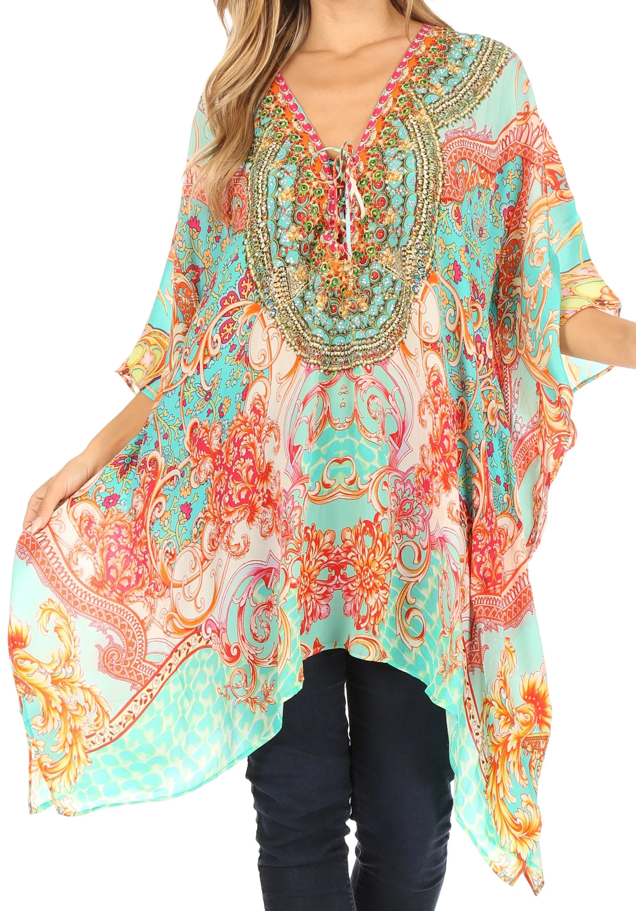 Stylish Rhinestone Lace-Up V-Neck Women's Caftan Poncho Cover-Up by Sakkas Aymee