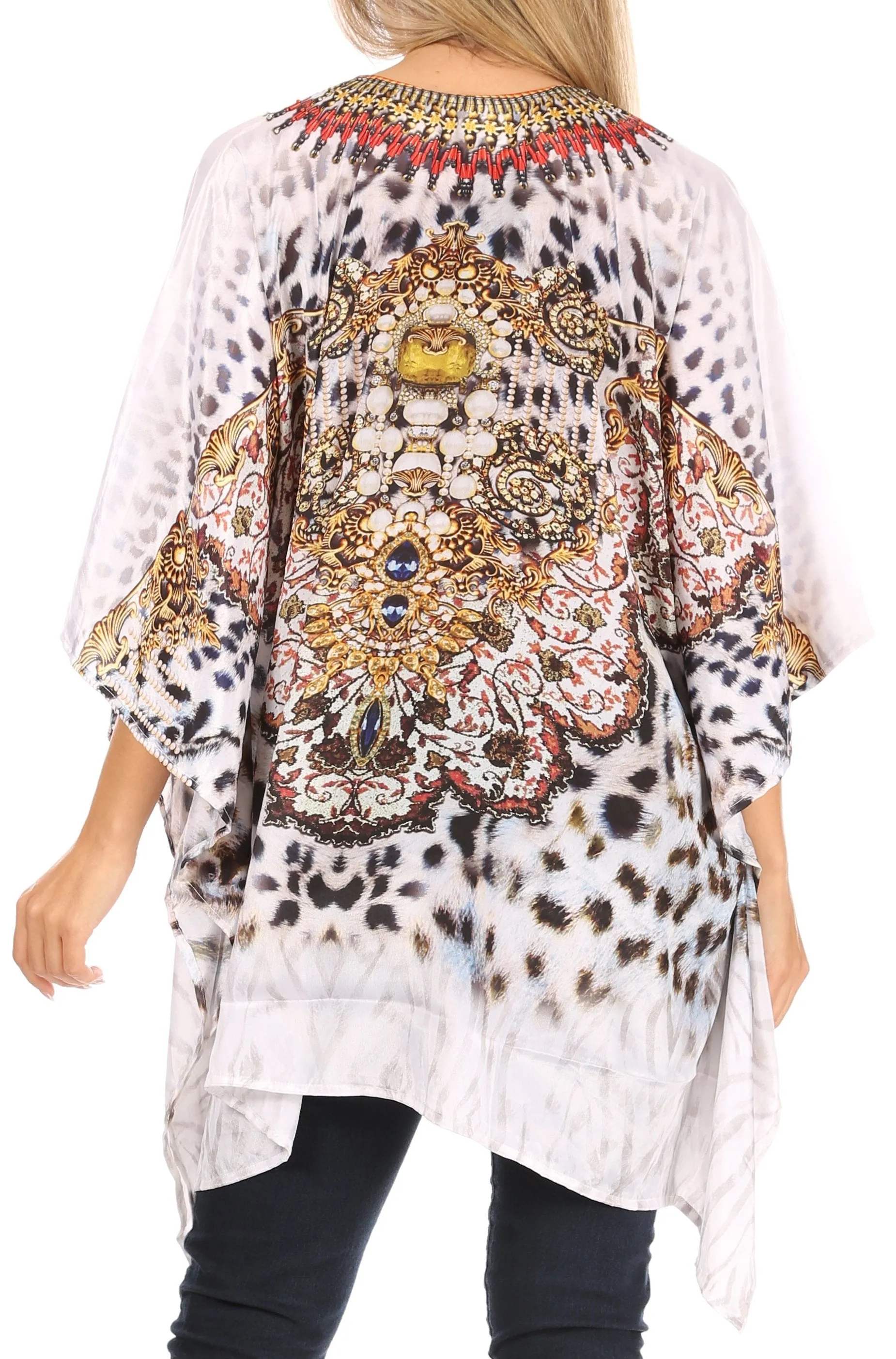 Stylish Rhinestone Lace-Up V-Neck Women's Caftan Poncho Cover-Up by Sakkas Aymee