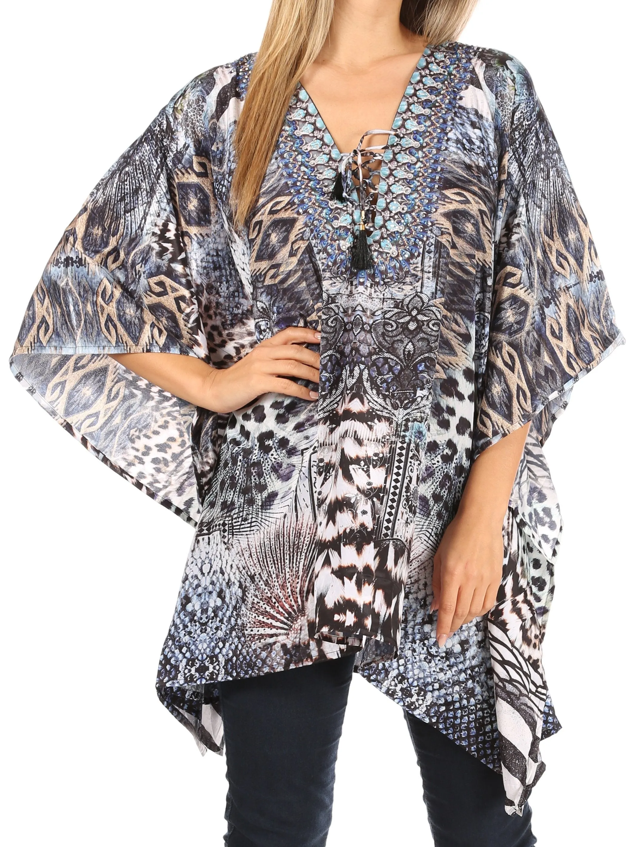 Stylish Rhinestone Lace-Up V-Neck Women's Caftan Poncho Cover-Up by Sakkas Aymee