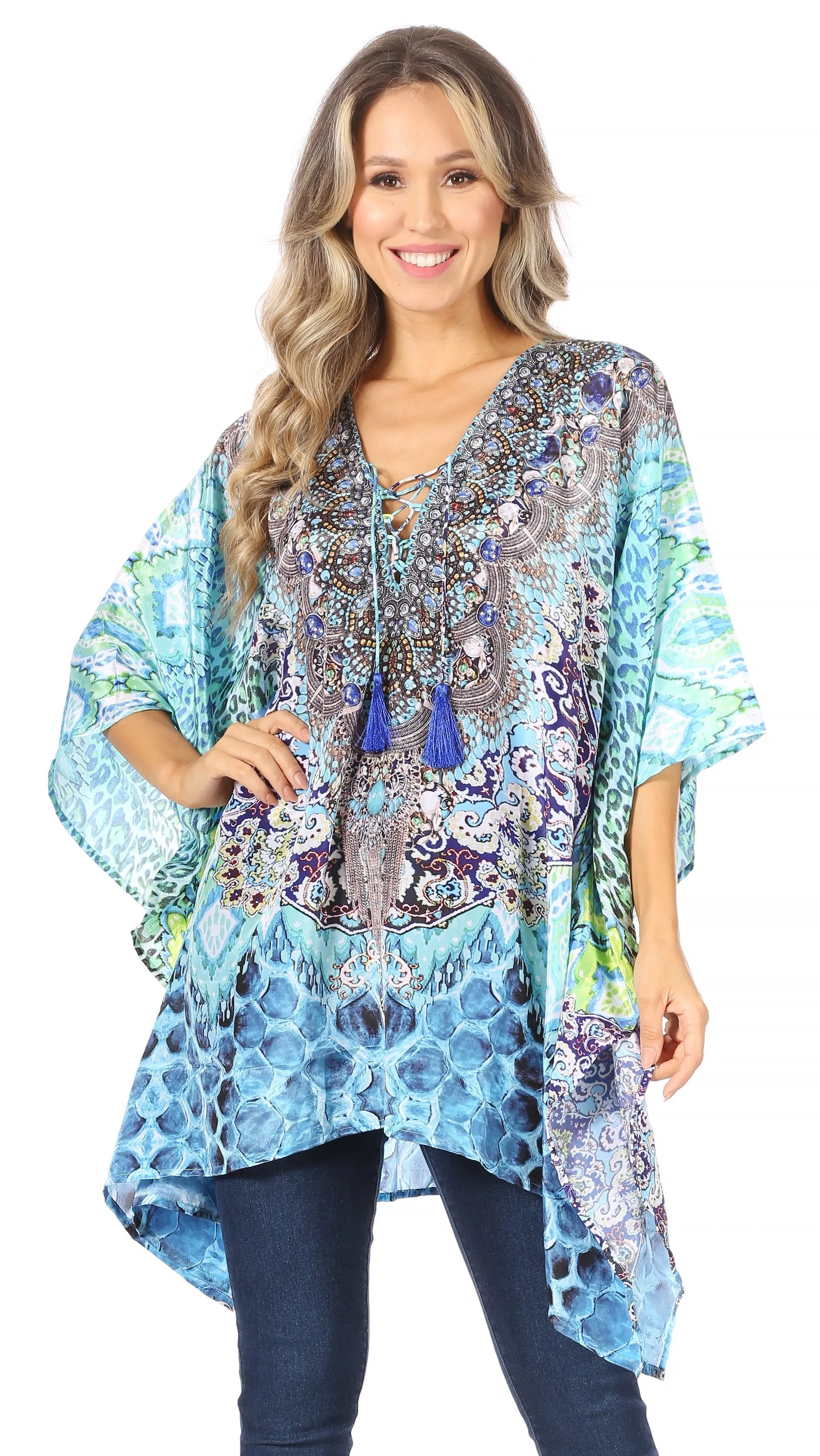 Stylish Rhinestone Lace-Up V-Neck Women's Caftan Poncho Cover-Up by Sakkas Aymee