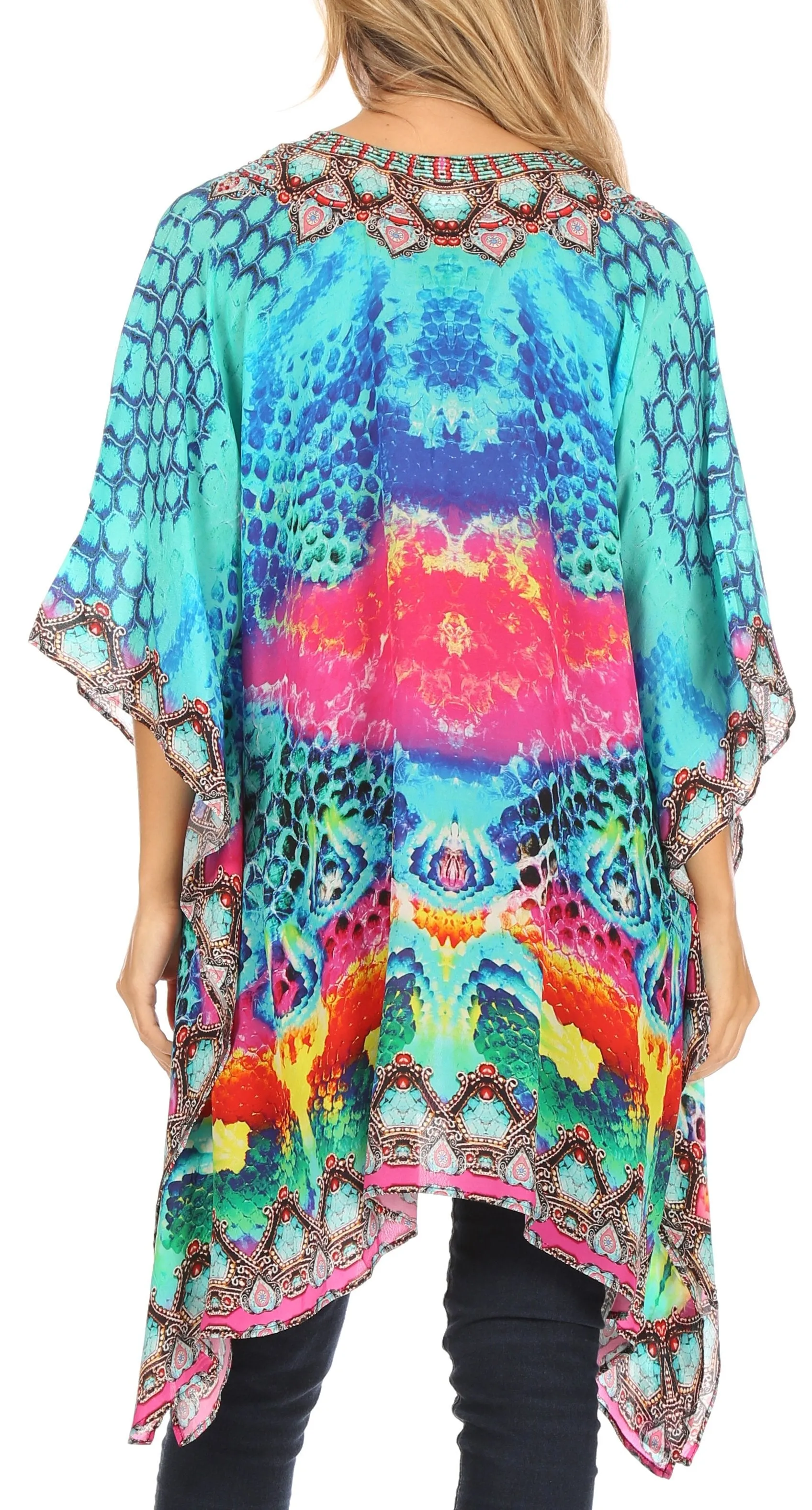 Stylish Rhinestone Lace-Up V-Neck Women's Caftan Poncho Cover-Up by Sakkas Aymee