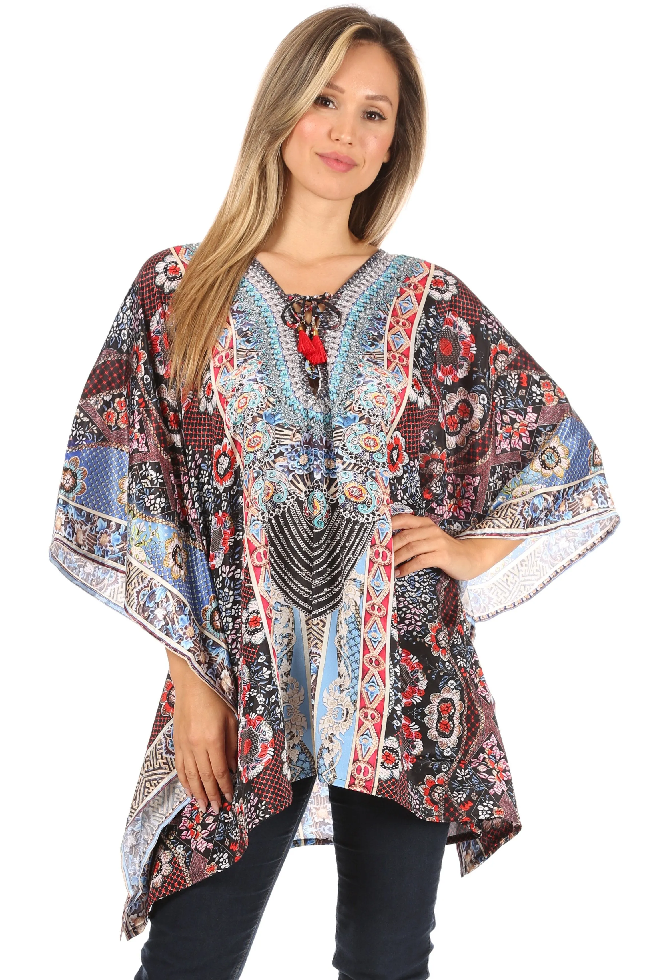 Stylish Rhinestone Lace-Up V-Neck Women's Caftan Poncho Cover-Up by Sakkas Aymee