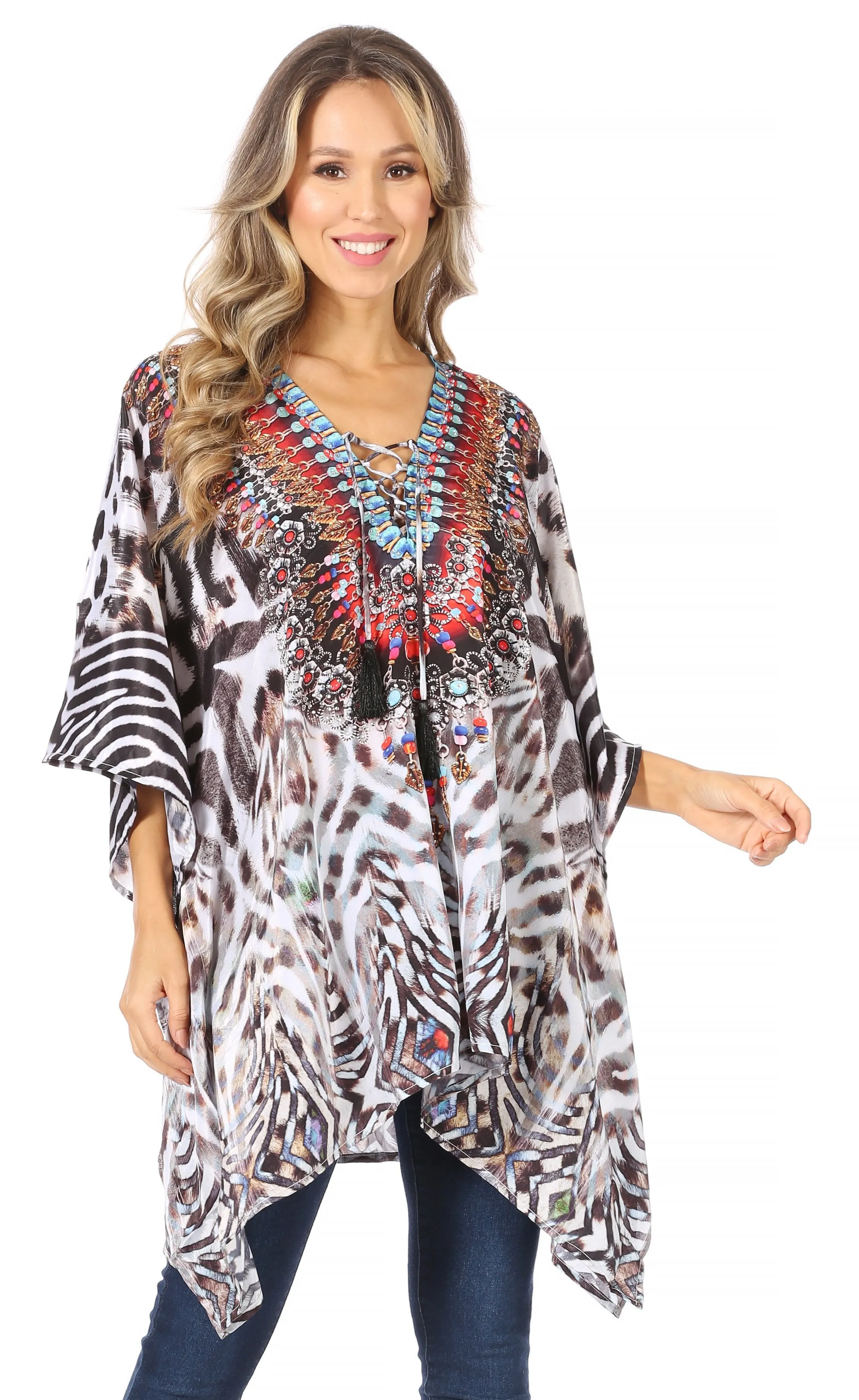 Stylish Rhinestone Lace-Up V-Neck Women's Caftan Poncho Cover-Up by Sakkas Aymee