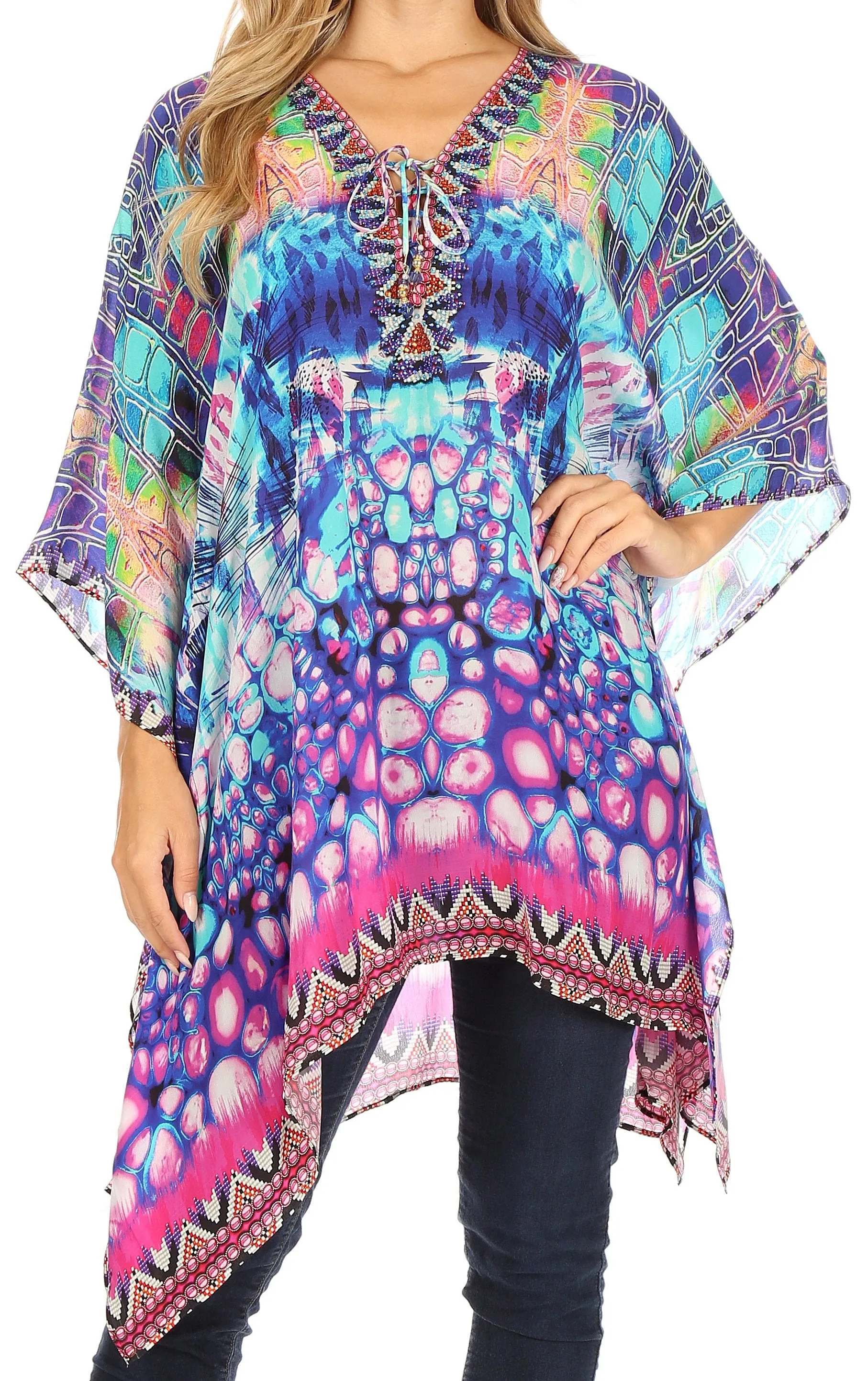 Stylish Rhinestone Lace-Up V-Neck Women's Caftan Poncho Cover-Up by Sakkas Aymee