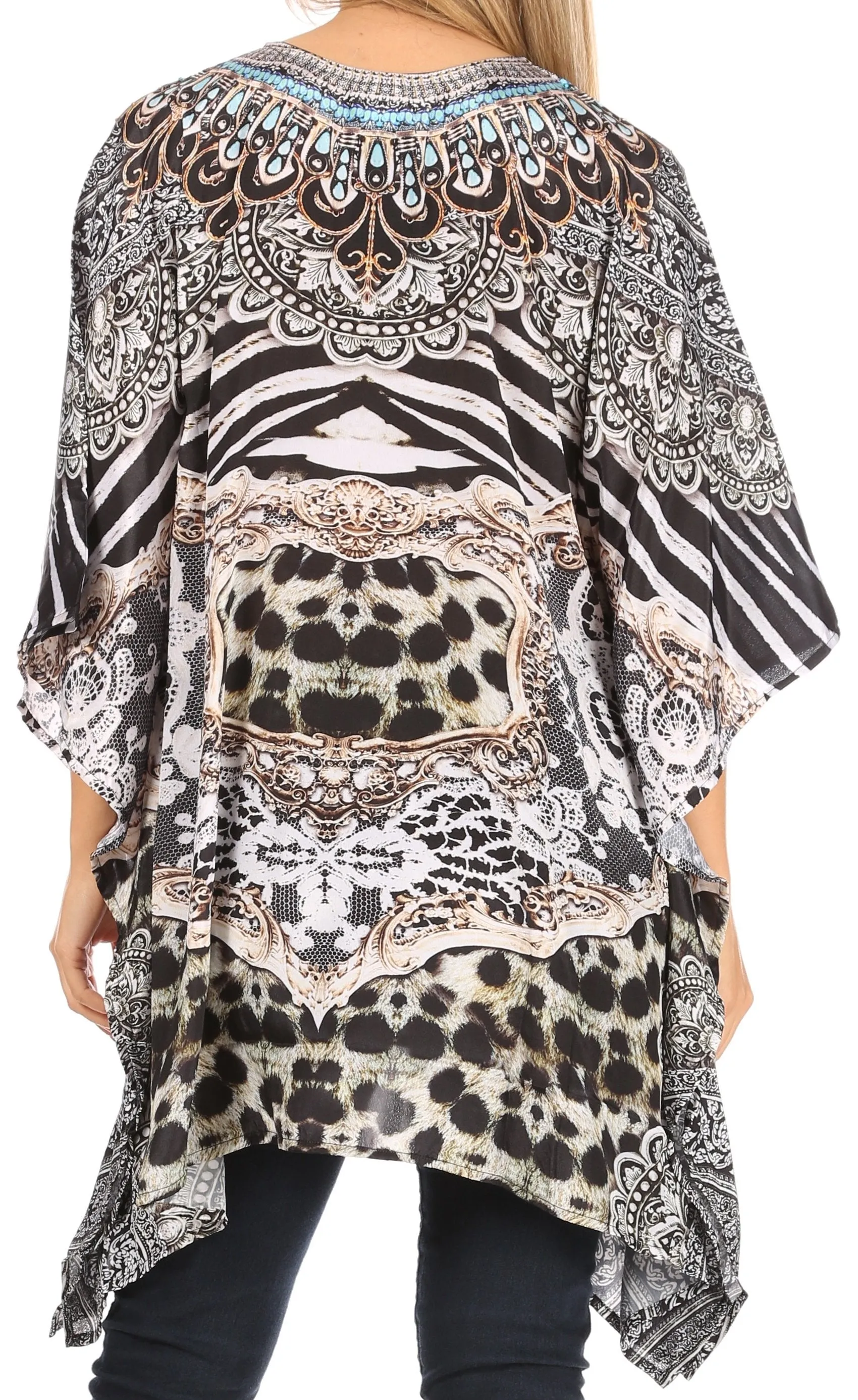 Stylish Rhinestone Lace-Up V-Neck Women's Caftan Poncho Cover-Up by Sakkas Aymee