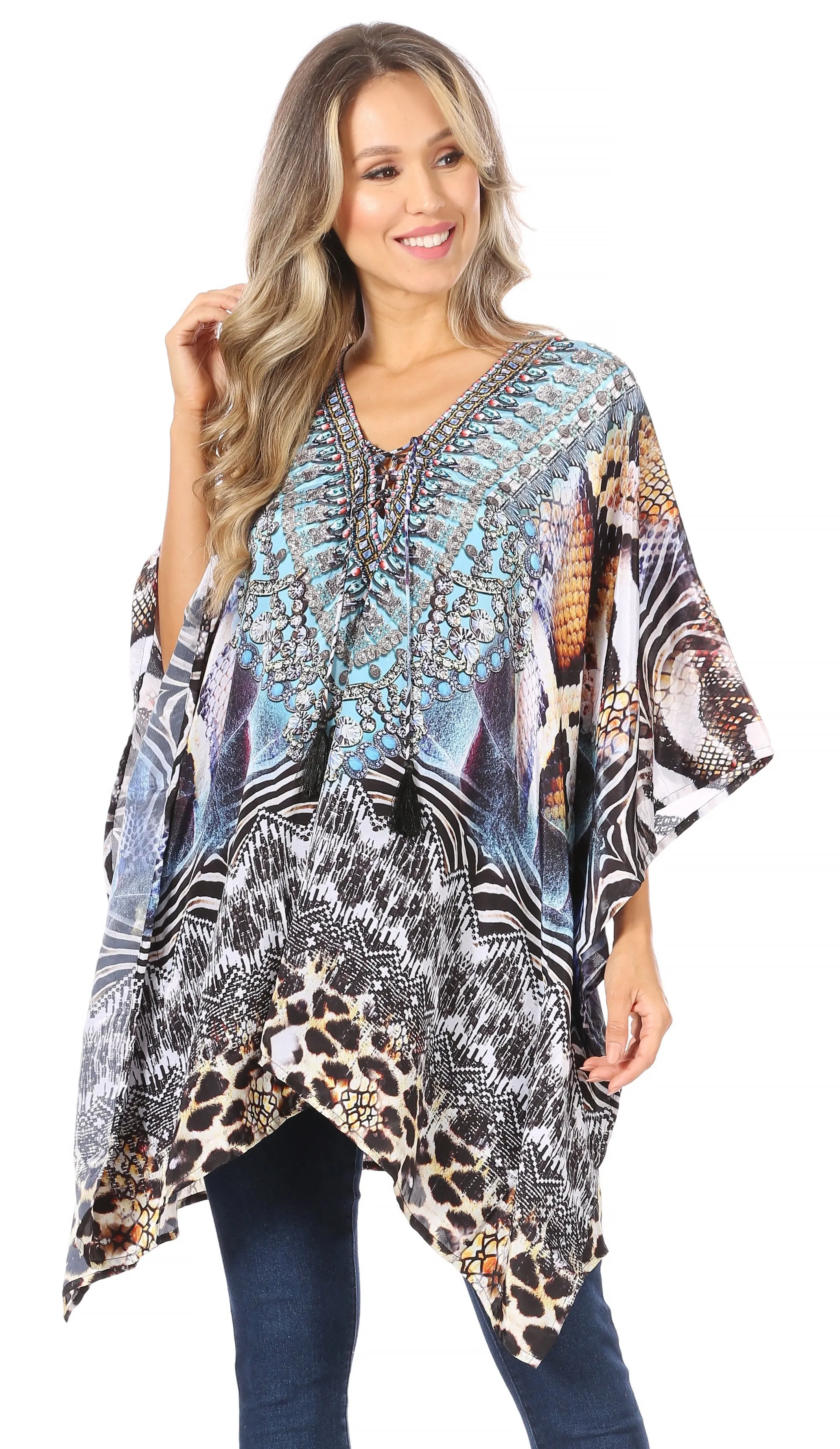 Stylish Rhinestone Lace-Up V-Neck Women's Caftan Poncho Cover-Up by Sakkas Aymee