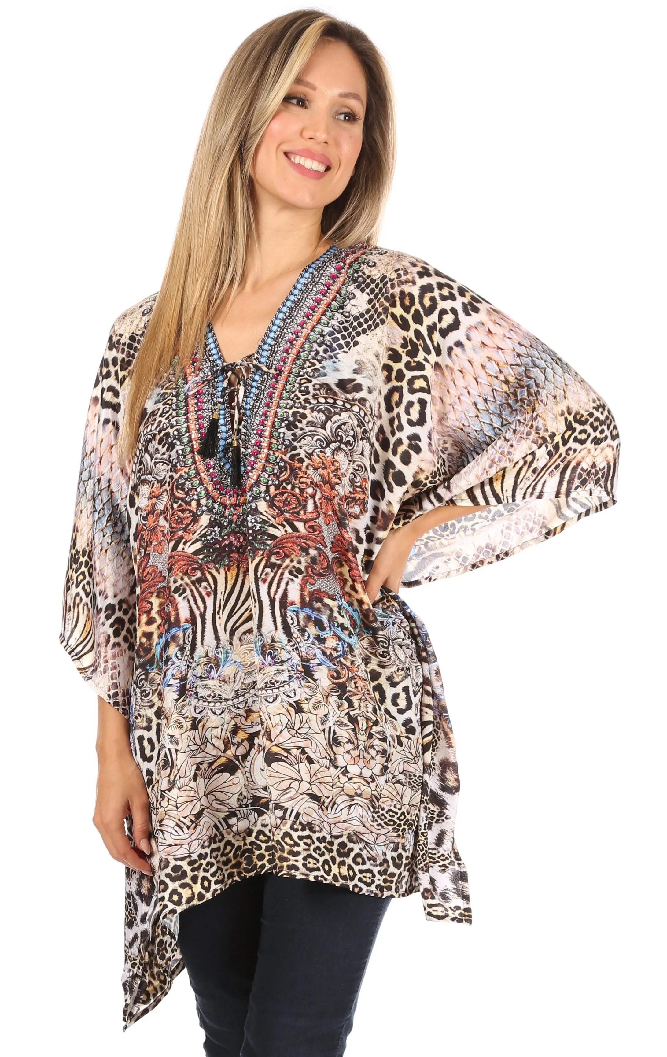 Stylish Rhinestone Lace-Up V-Neck Women's Caftan Poncho Cover-Up by Sakkas Aymee