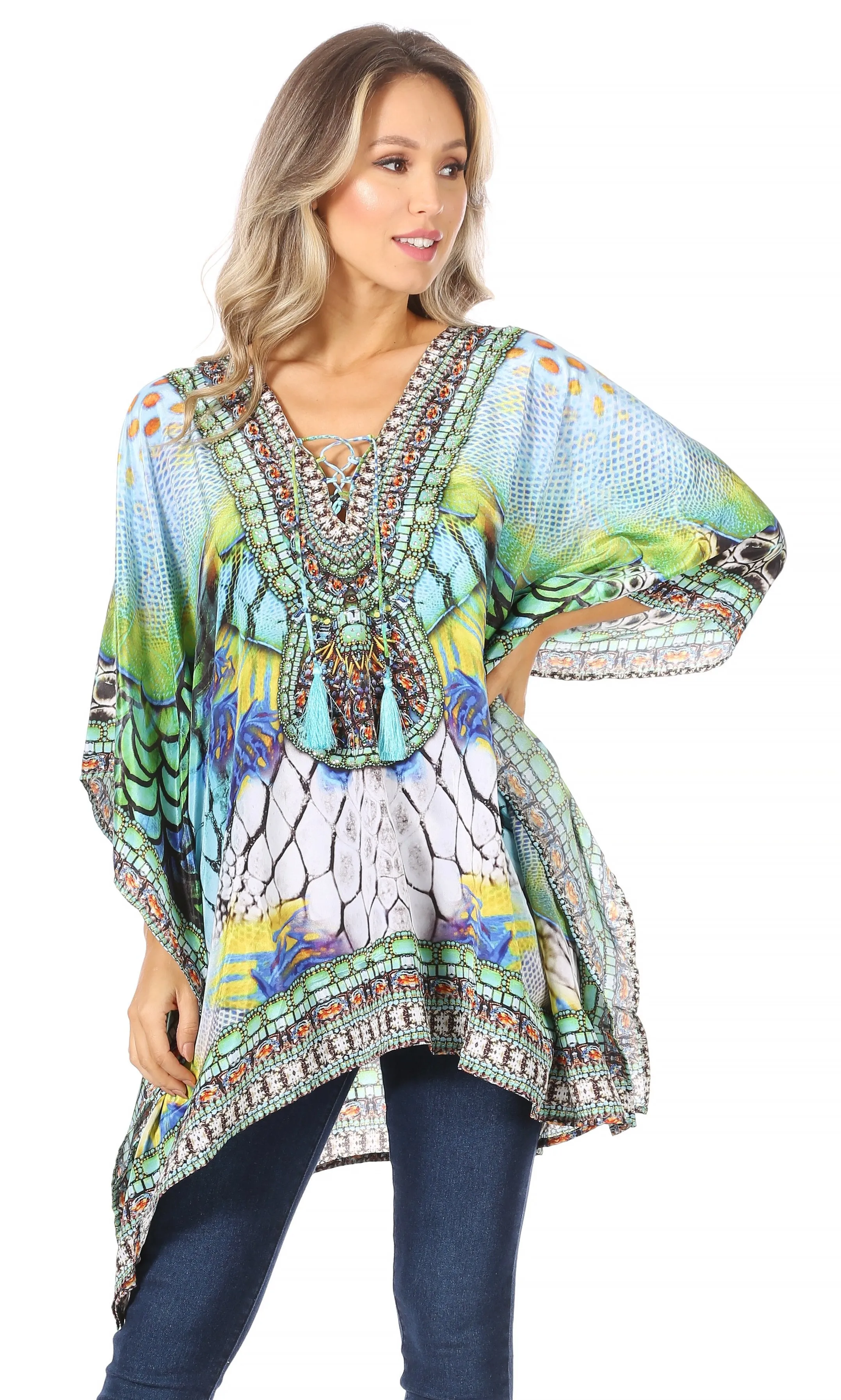 Stylish Rhinestone Lace-Up V-Neck Women's Caftan Poncho Cover-Up by Sakkas Aymee