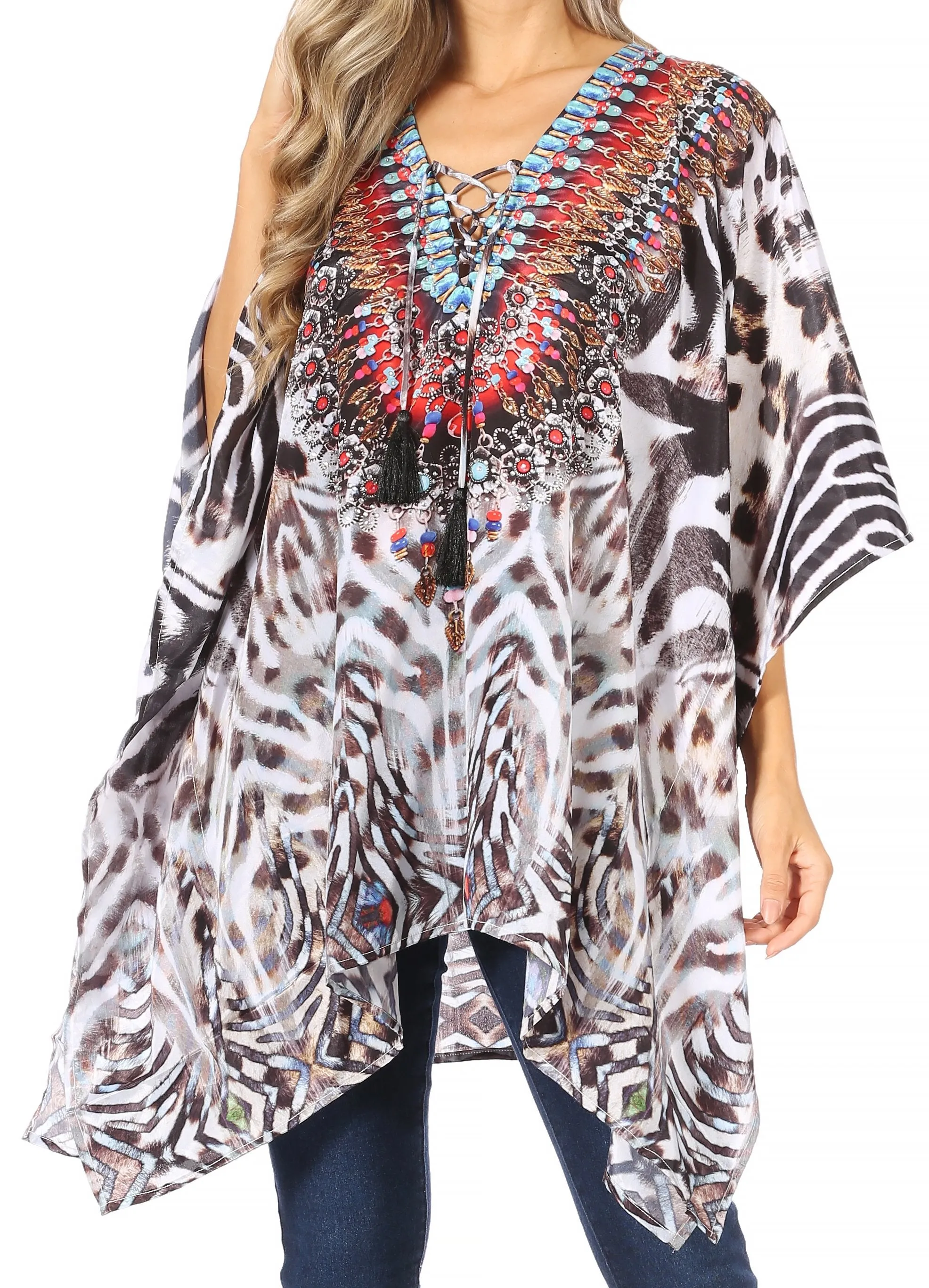 Stylish Rhinestone Lace-Up V-Neck Women's Caftan Poncho Cover-Up by Sakkas Aymee