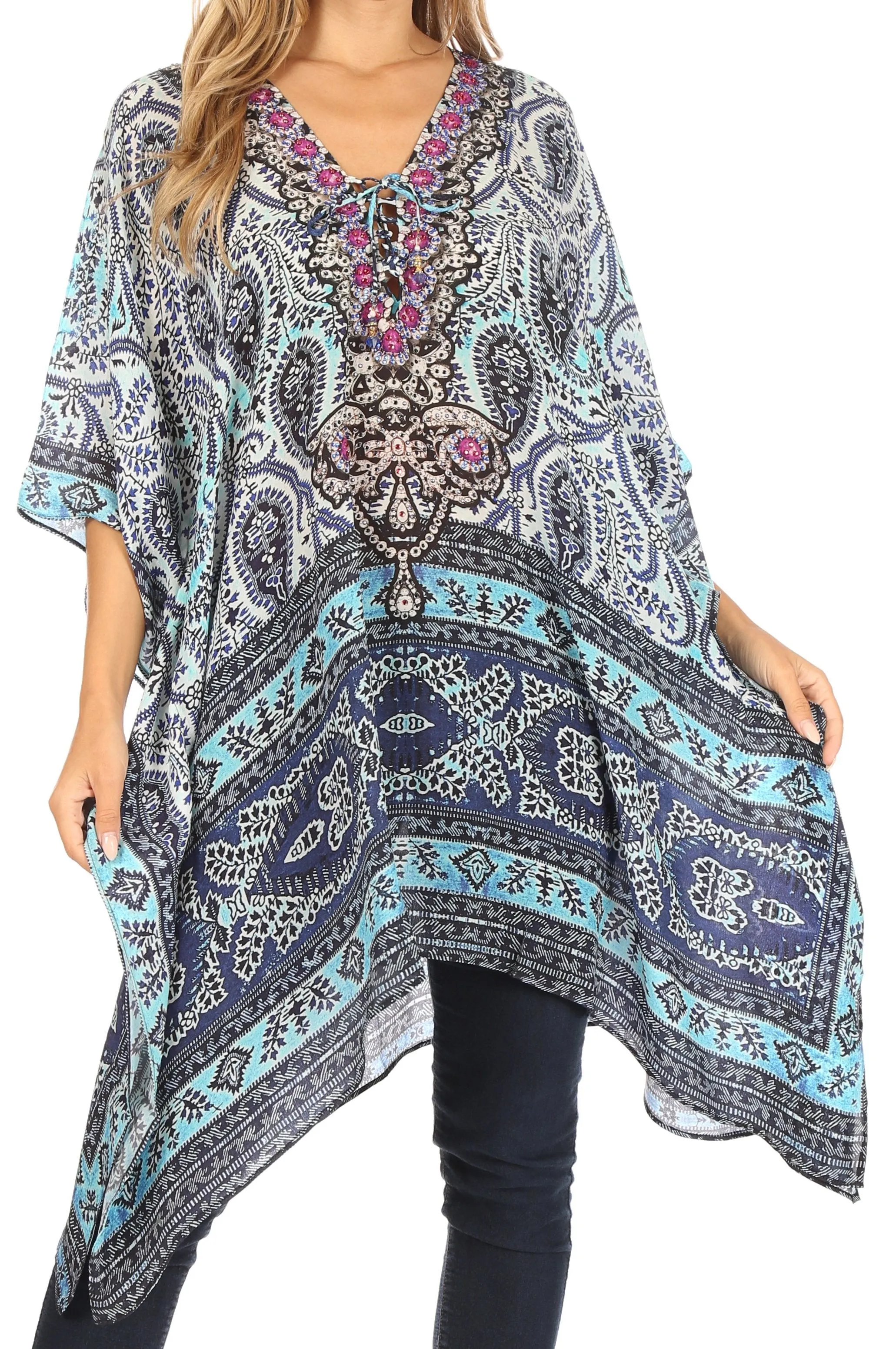 Stylish Rhinestone Lace-Up V-Neck Women's Caftan Poncho Cover-Up by Sakkas Aymee