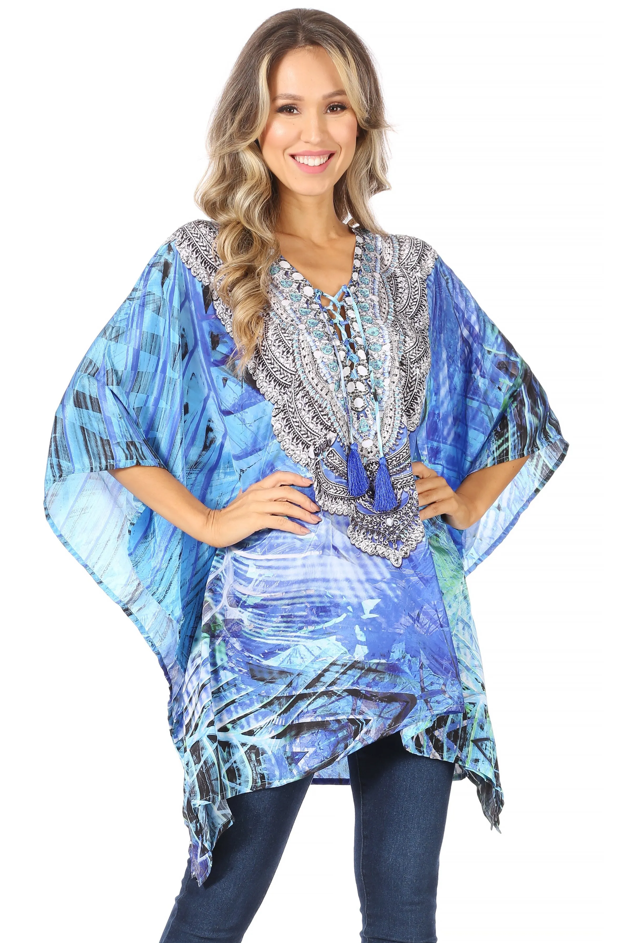 Stylish Rhinestone Lace-Up V-Neck Women's Caftan Poncho Cover-Up by Sakkas Aymee