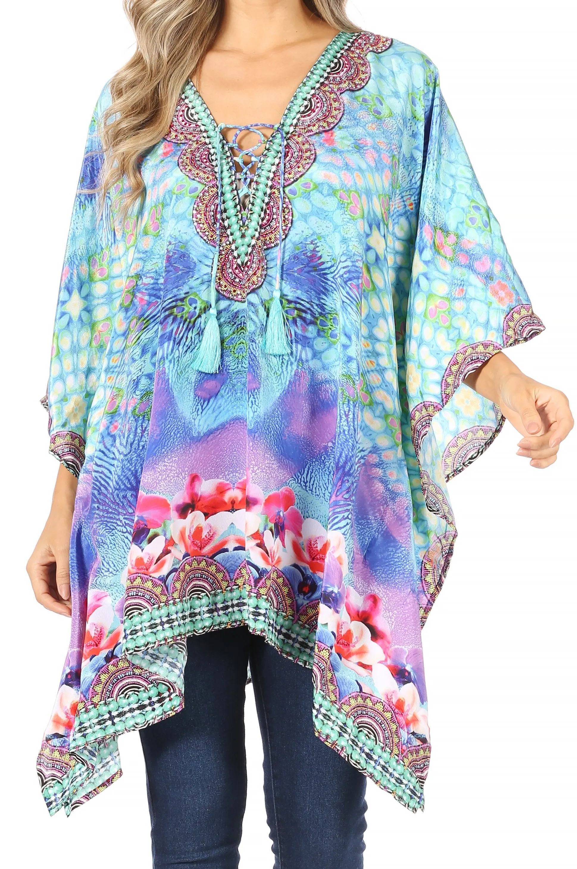 Stylish Rhinestone Lace-Up V-Neck Women's Caftan Poncho Cover-Up by Sakkas Aymee