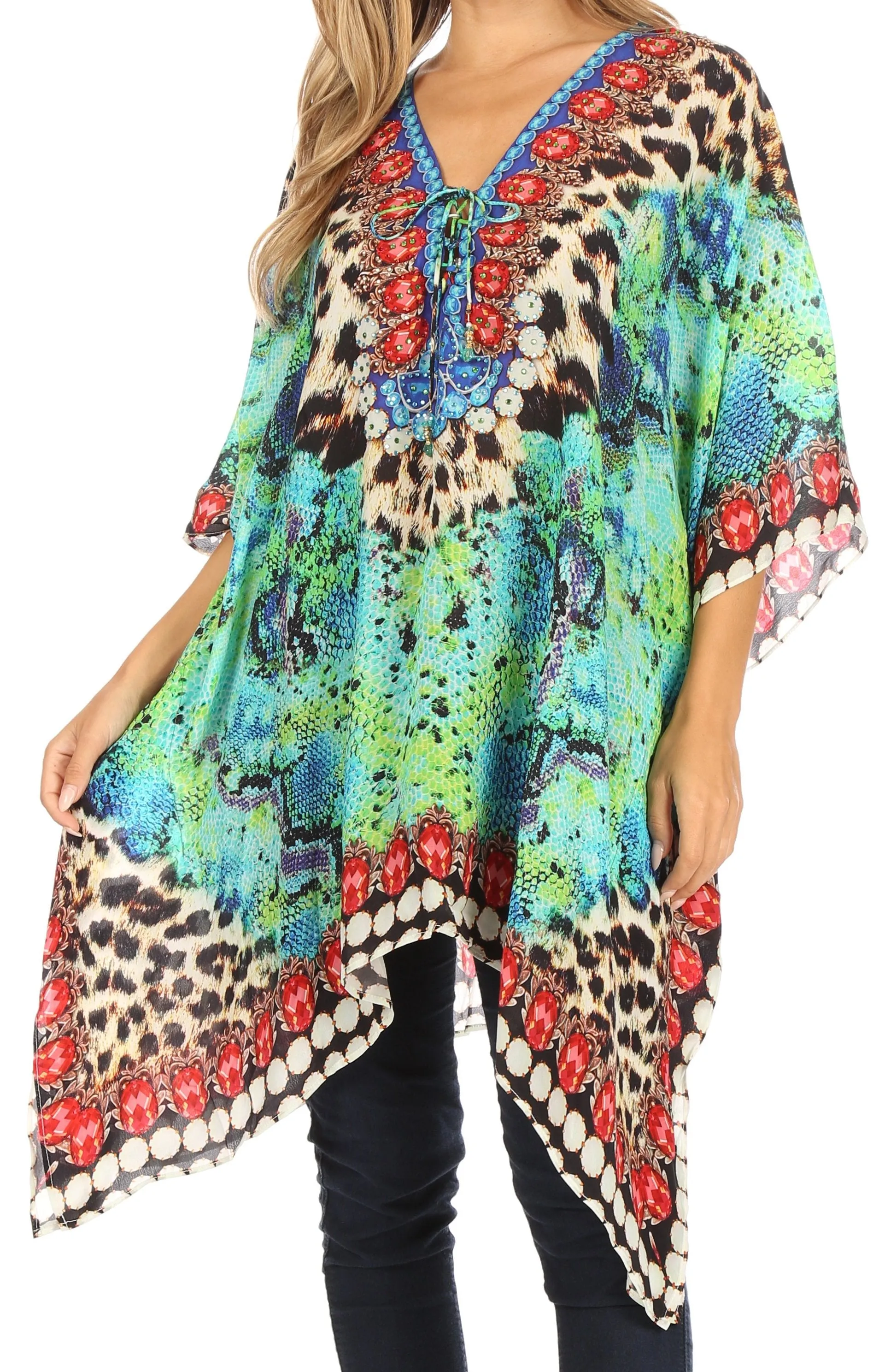 Stylish Rhinestone Lace-Up V-Neck Women's Caftan Poncho Cover-Up by Sakkas Aymee