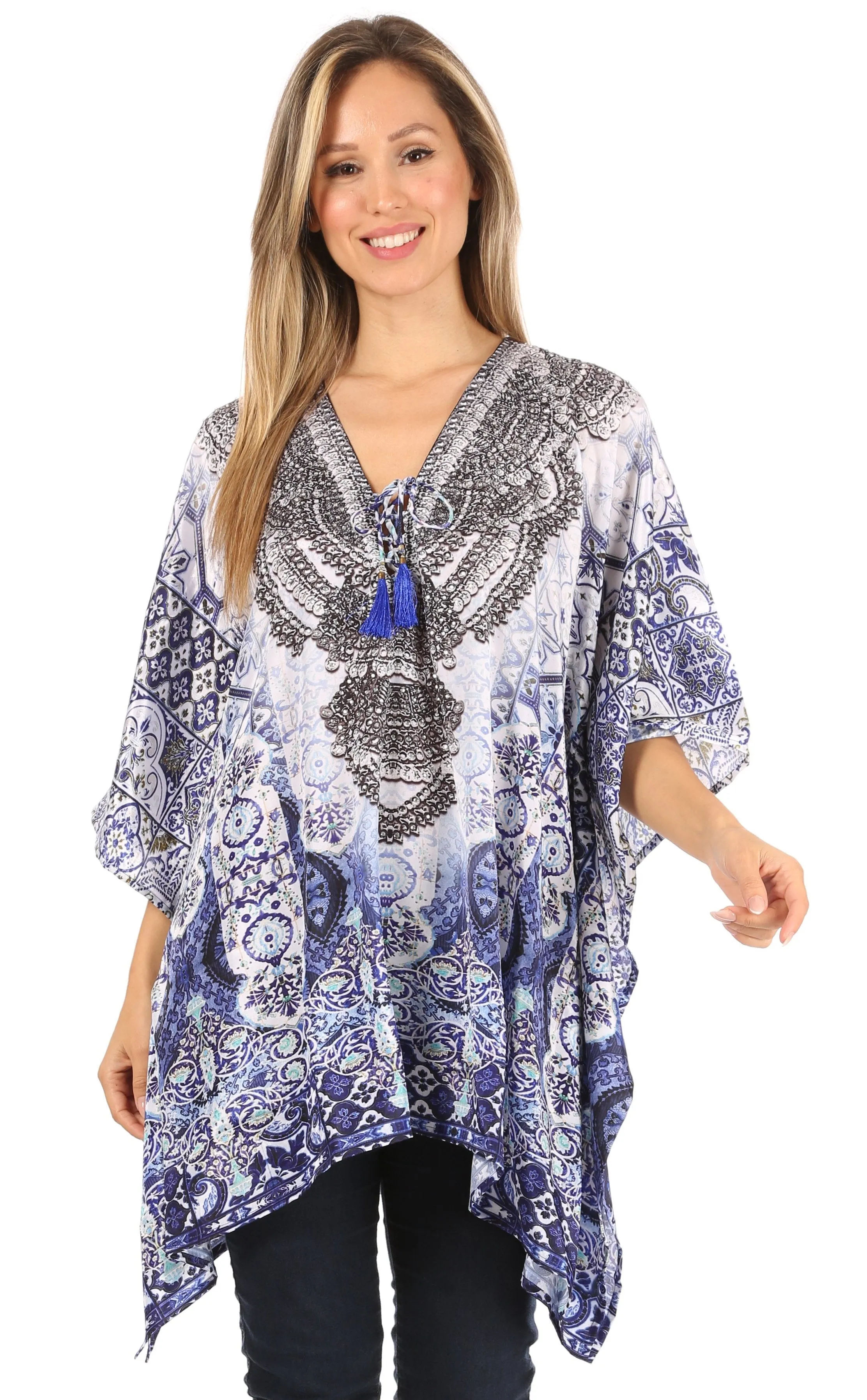 Stylish Rhinestone Lace-Up V-Neck Women's Caftan Poncho Cover-Up by Sakkas Aymee