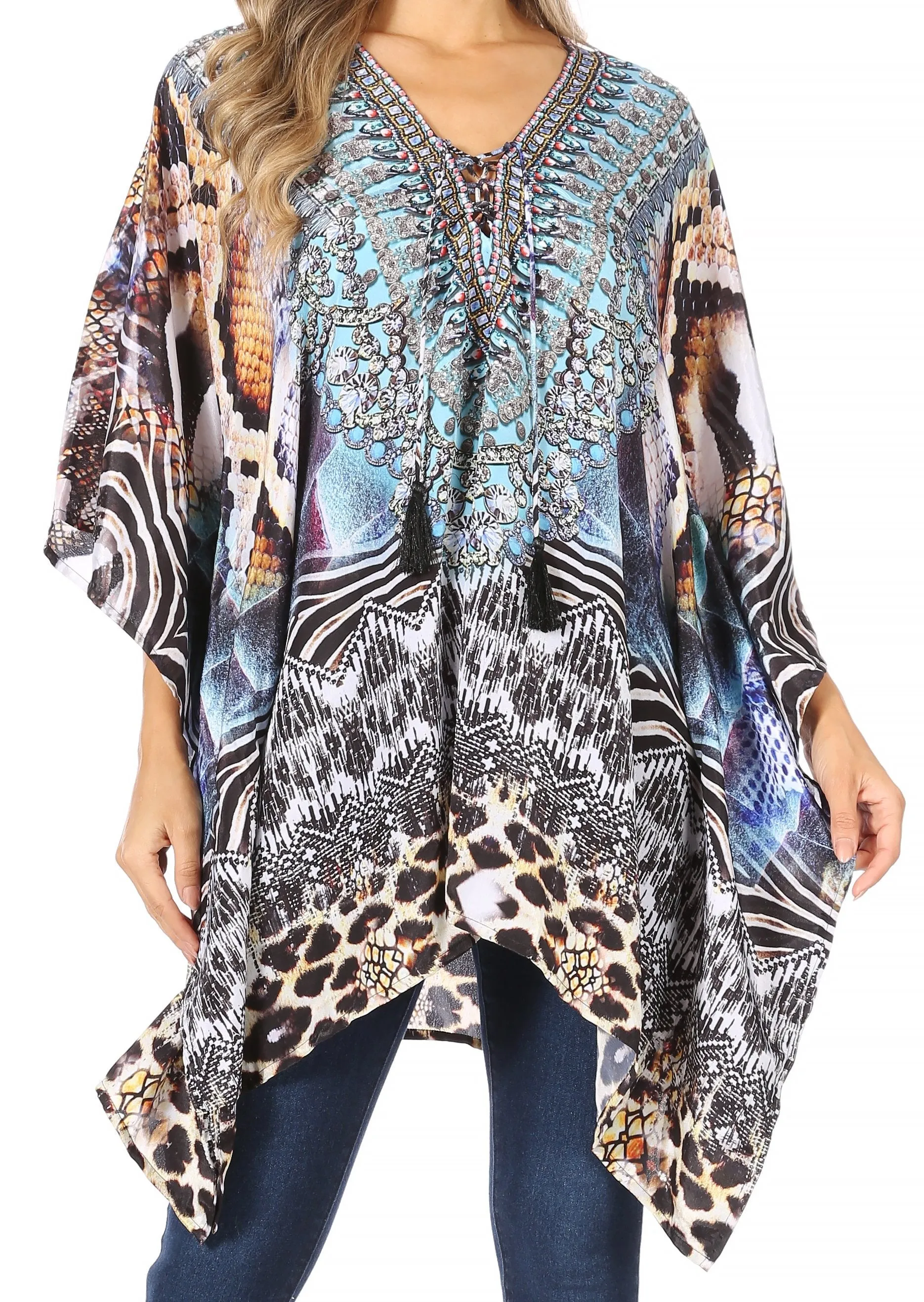 Stylish Rhinestone Lace-Up V-Neck Women's Caftan Poncho Cover-Up by Sakkas Aymee