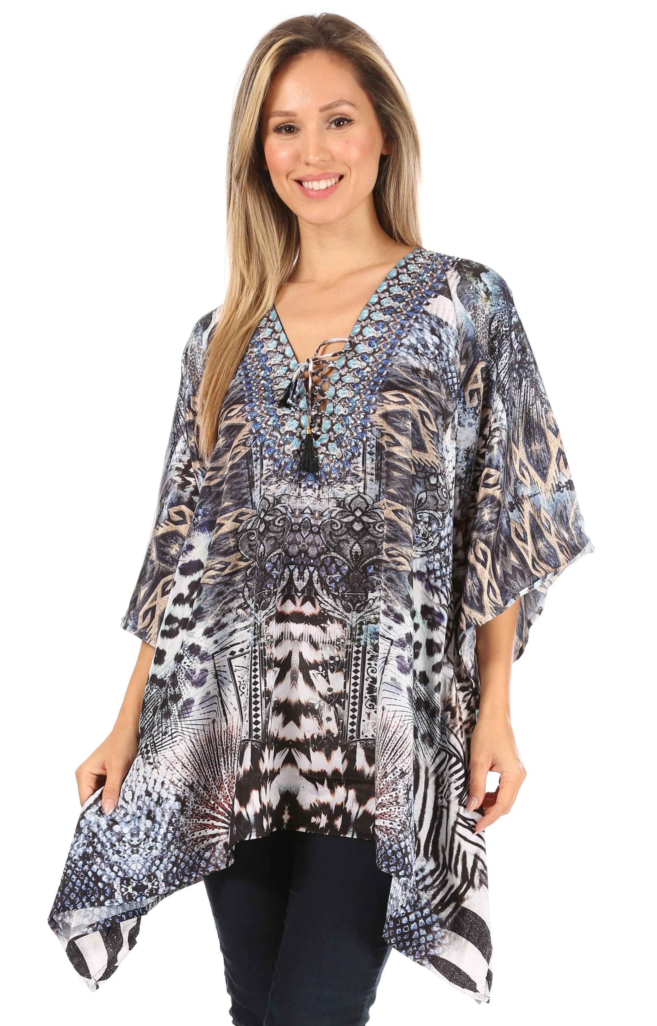 Stylish Rhinestone Lace-Up V-Neck Women's Caftan Poncho Cover-Up by Sakkas Aymee